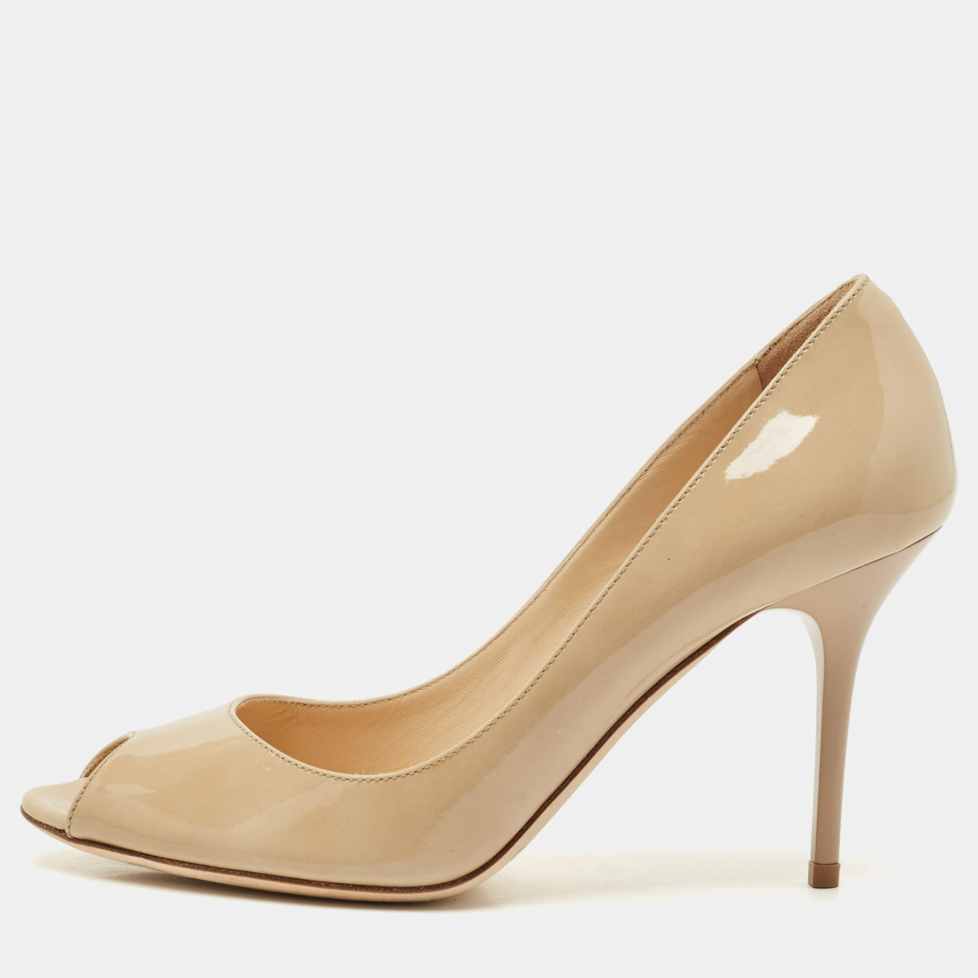 Jimmy Choo Beige Patent Evelyn Peep Toe Pumps Size 36