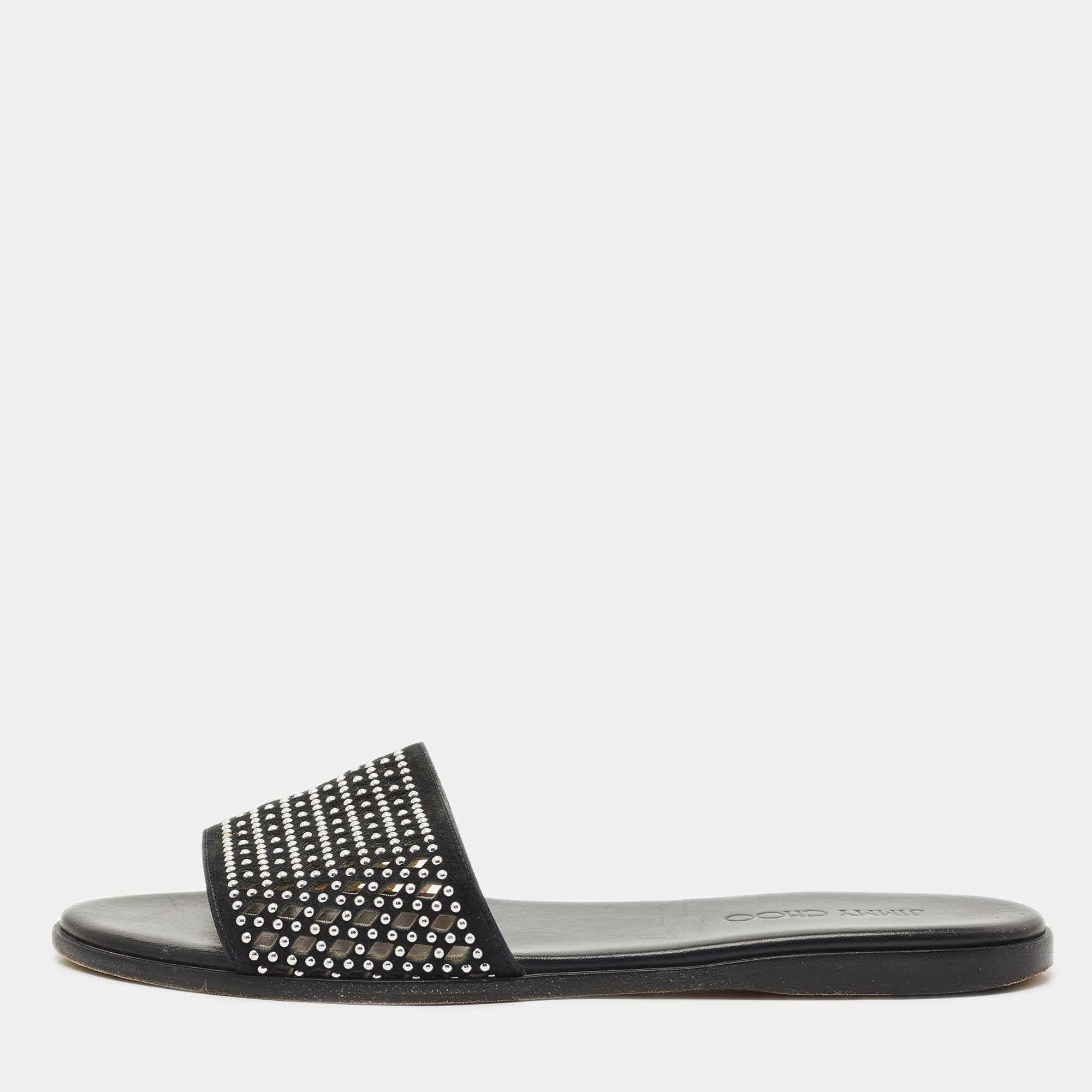 Jimmy Choo Black Leather and Suede Studded Minea Flat Slides Size 41