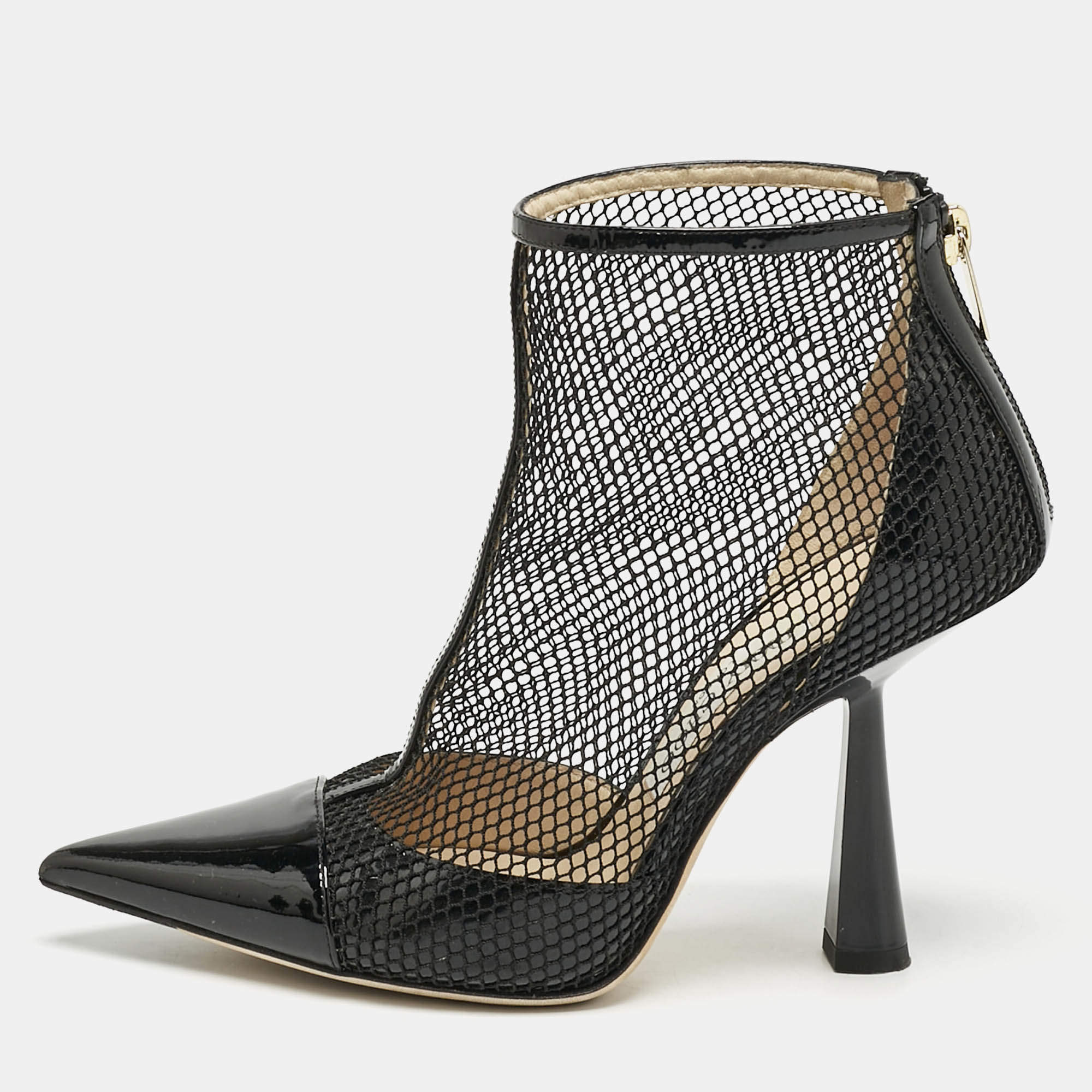 Jimmy Choo Black Mesh and Patent Leather Kix Ankle Boots Size 37
