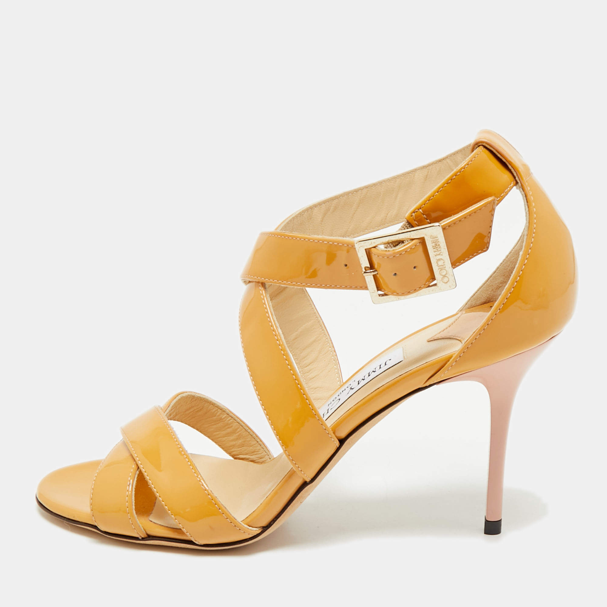 Pre Owned Jimmy Choo Brown Patent Leather Ankle Strap Sandals Size 36