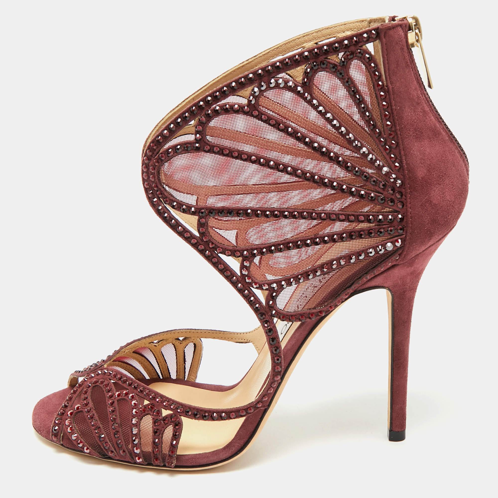 Jimmy Choo Burgundy Mesh and Suede Crystal Embellished Sandals Size 39