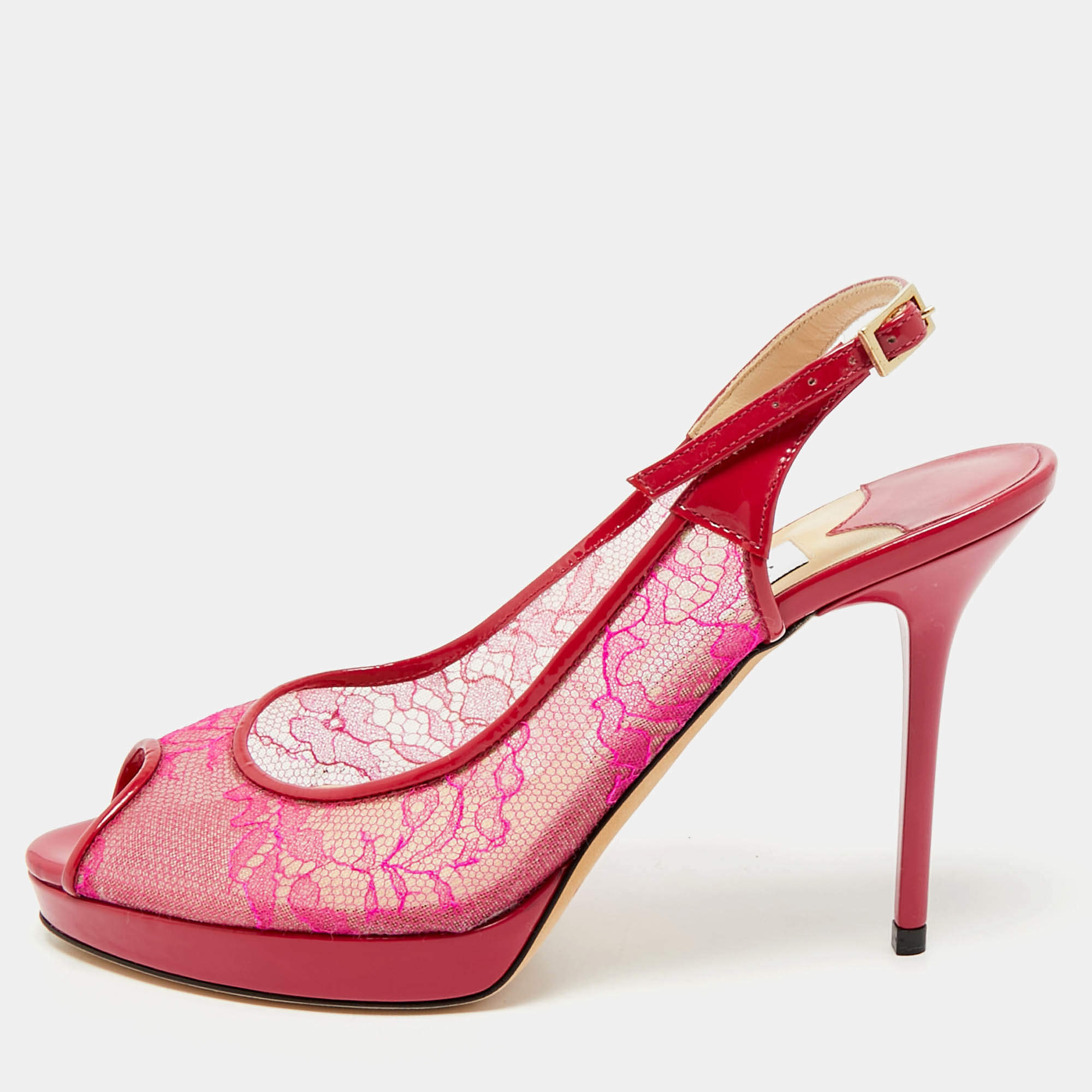 Jimmy Choo Pink/Burgundy Patent and Lace Nova Slingback Sandals Size 36