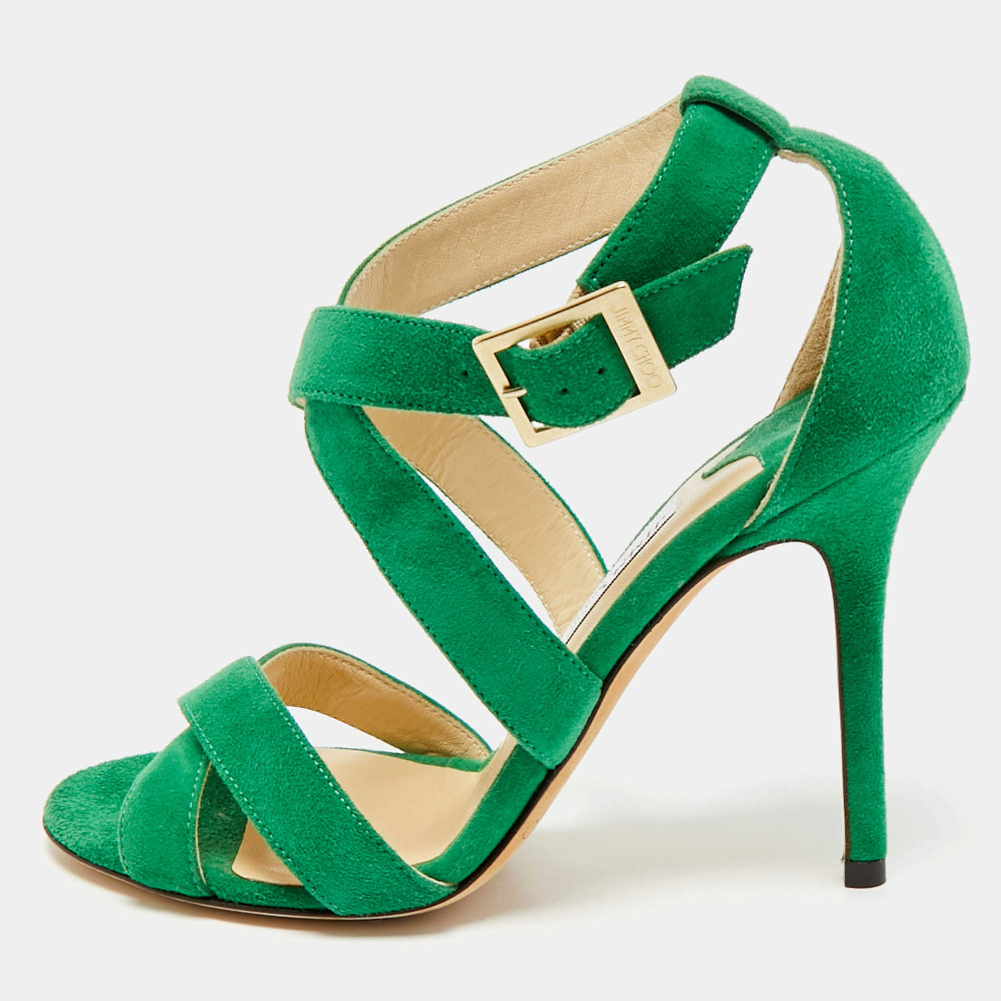Jimmy Choo Green Suede Crisscross Ankle Strap Sandals Size 36