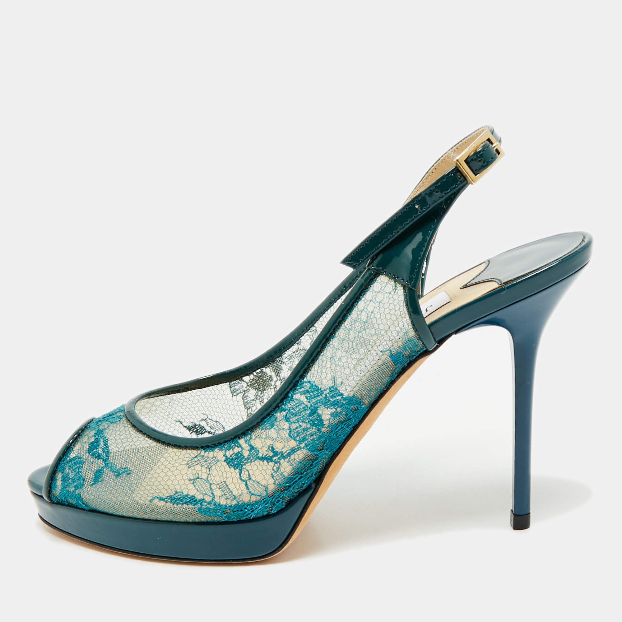 Jimmy Choo Green Lace and Patent Leather Nova Peep-Toe Slingback Sandals Size 36