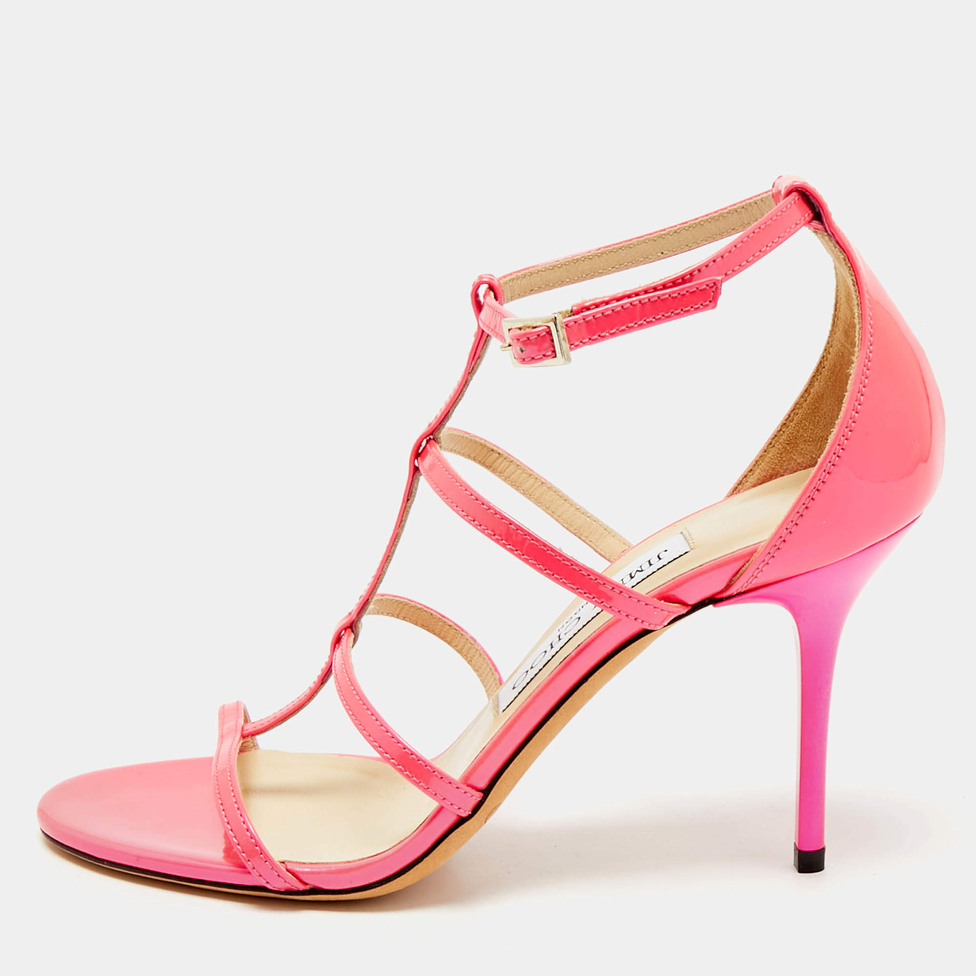 Jimmy Choo Neon Pink Patent Leather Thistle Open Toe Sandals Size 36