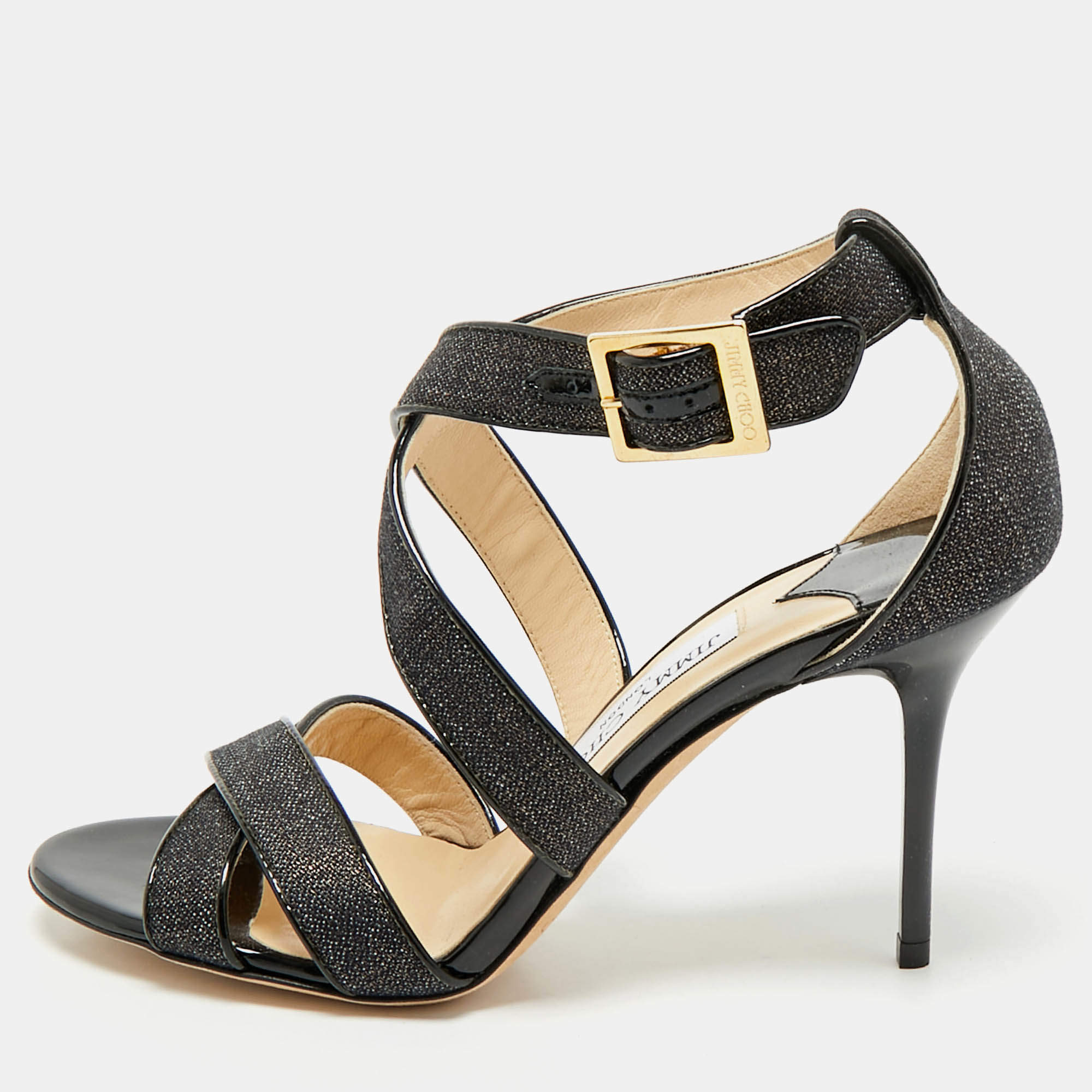 Jimmy Choo Black Canvas and Patent Ivette Strappy Sandals Size 36