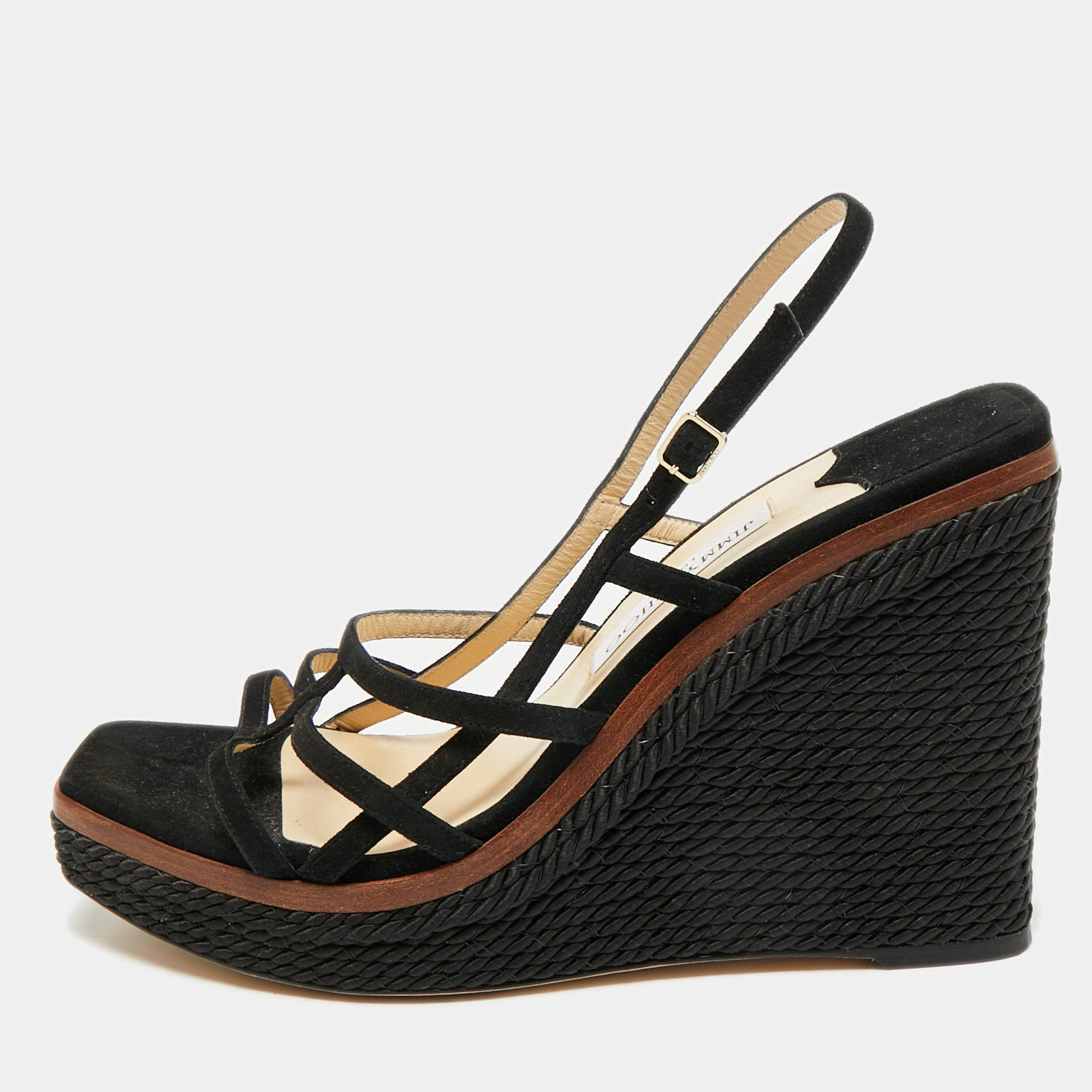 Pre Owned JIMMY Choo Black Suede Caged Strappy Ankle Strap Wedge Sandals Size 41