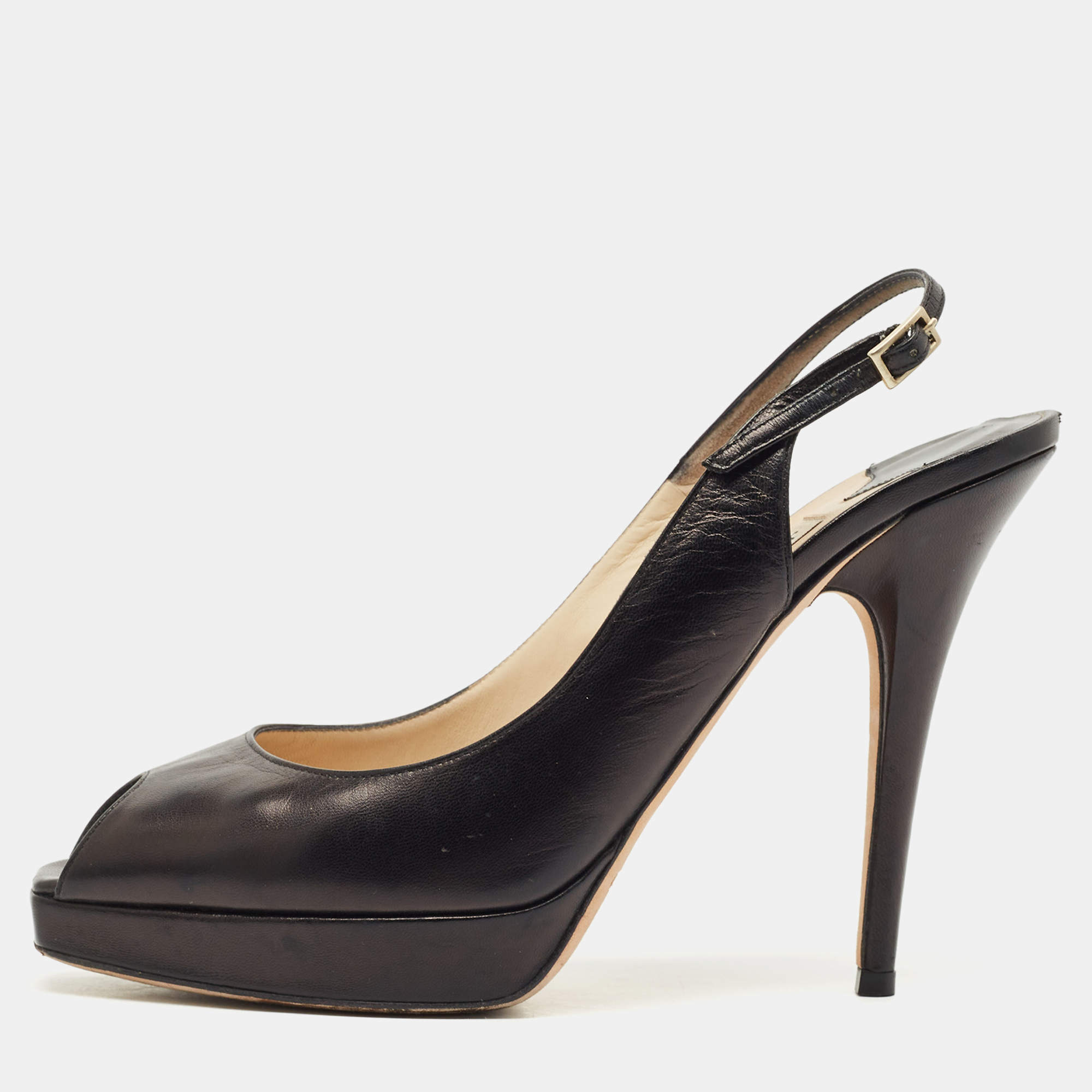 Pre Owned Jimmy Choo Black Patent Leather Vita Peep Toe Platform Slingback Sandals Size 39