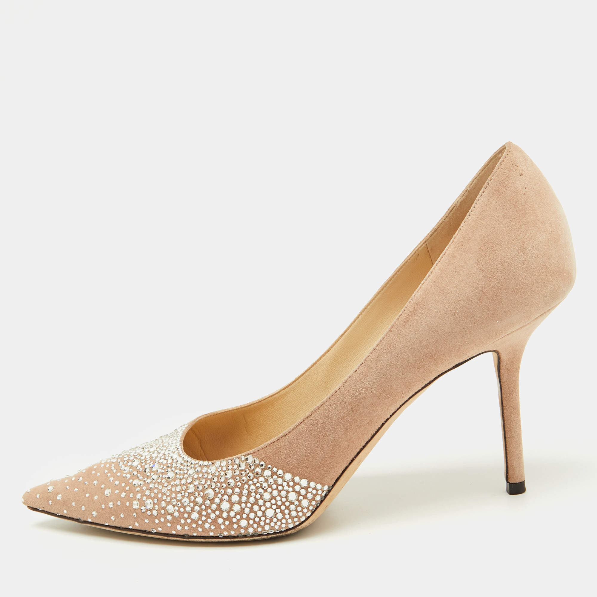 Pre Owned Jimmy Choo Beige Suede Crystal Embellished Love 85 Pumps Size 41.5