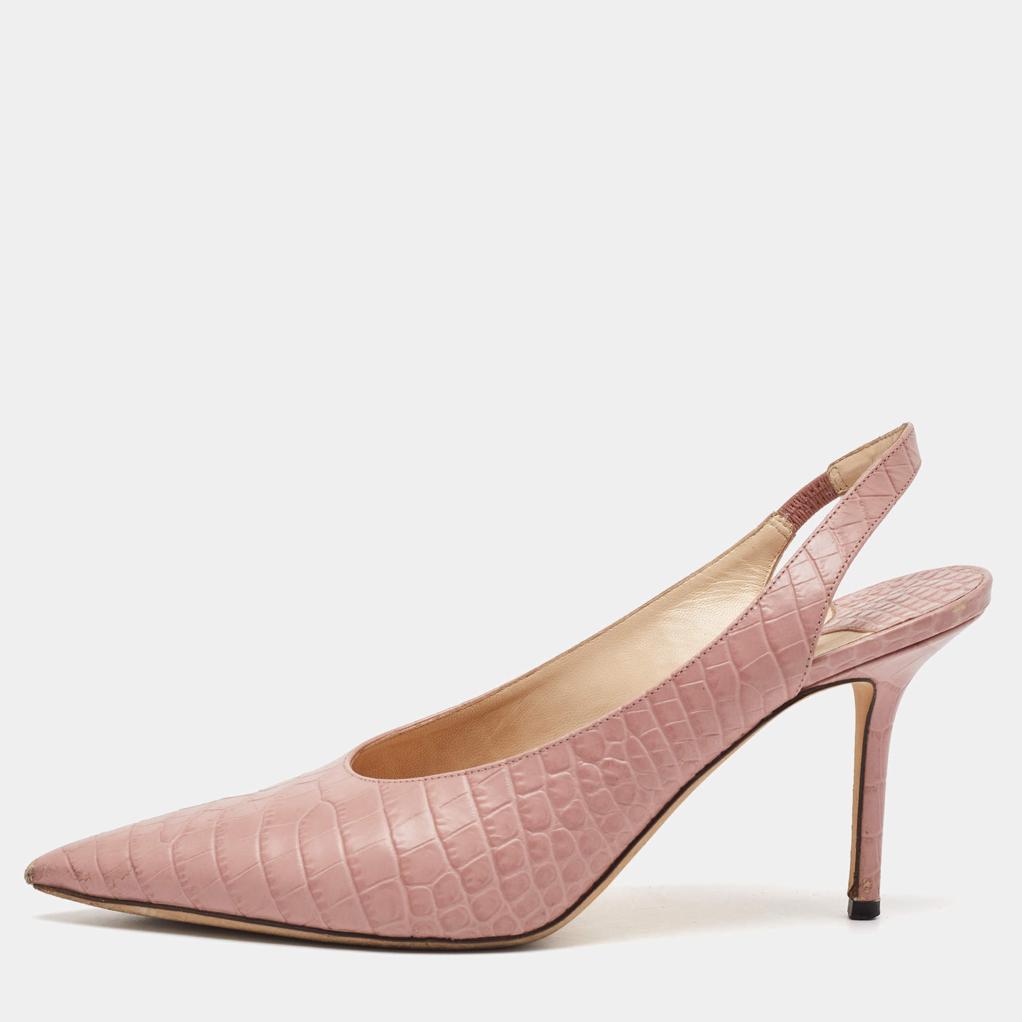 Pre Owned Jimmy Choo Light Pink Croc Embossed Leather Pointed Toe Slingback Pumps Size 39.5