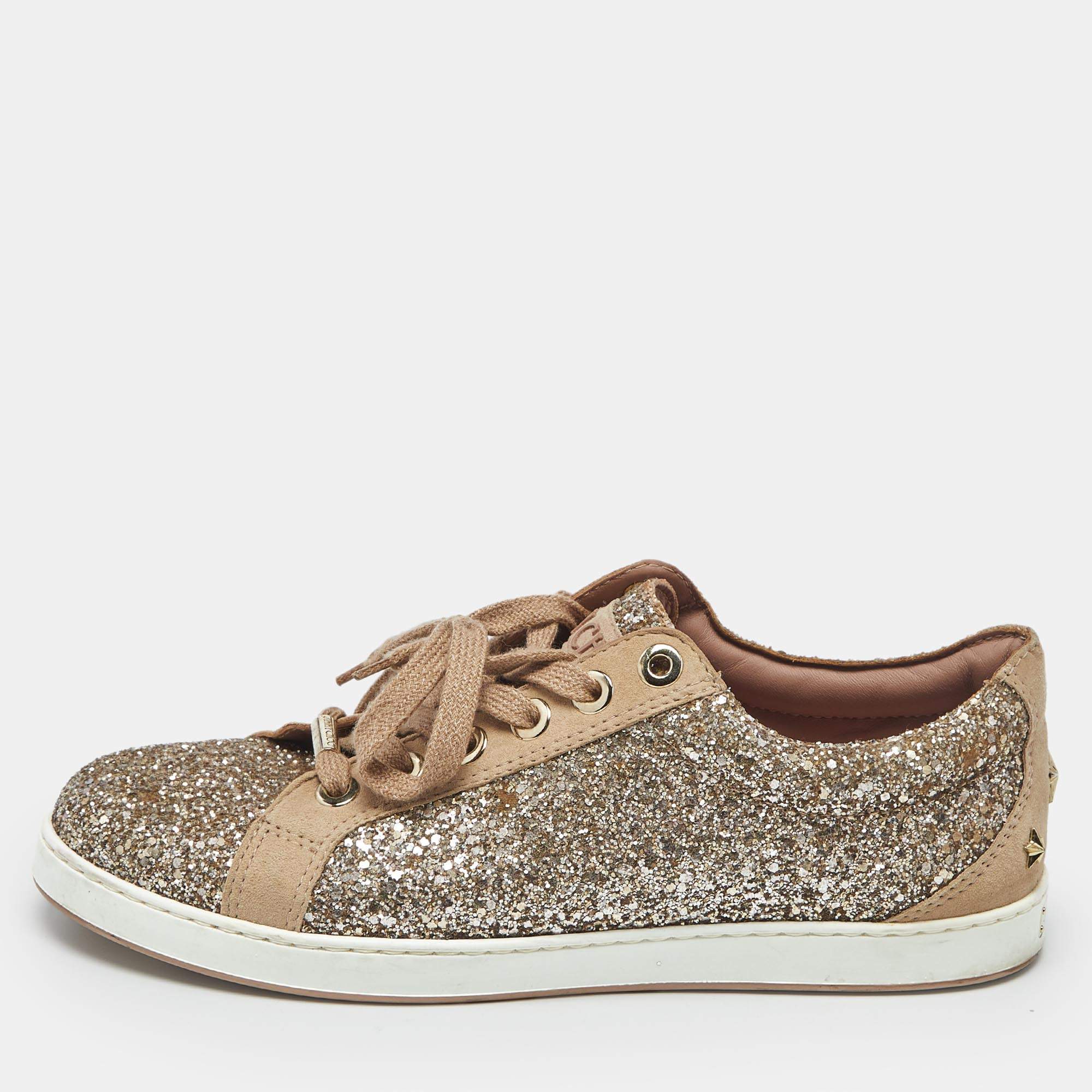 Pre Owned Jimmy Choo Metallic Beige Glitter and Suede Low Top Sneakers Size 39.5