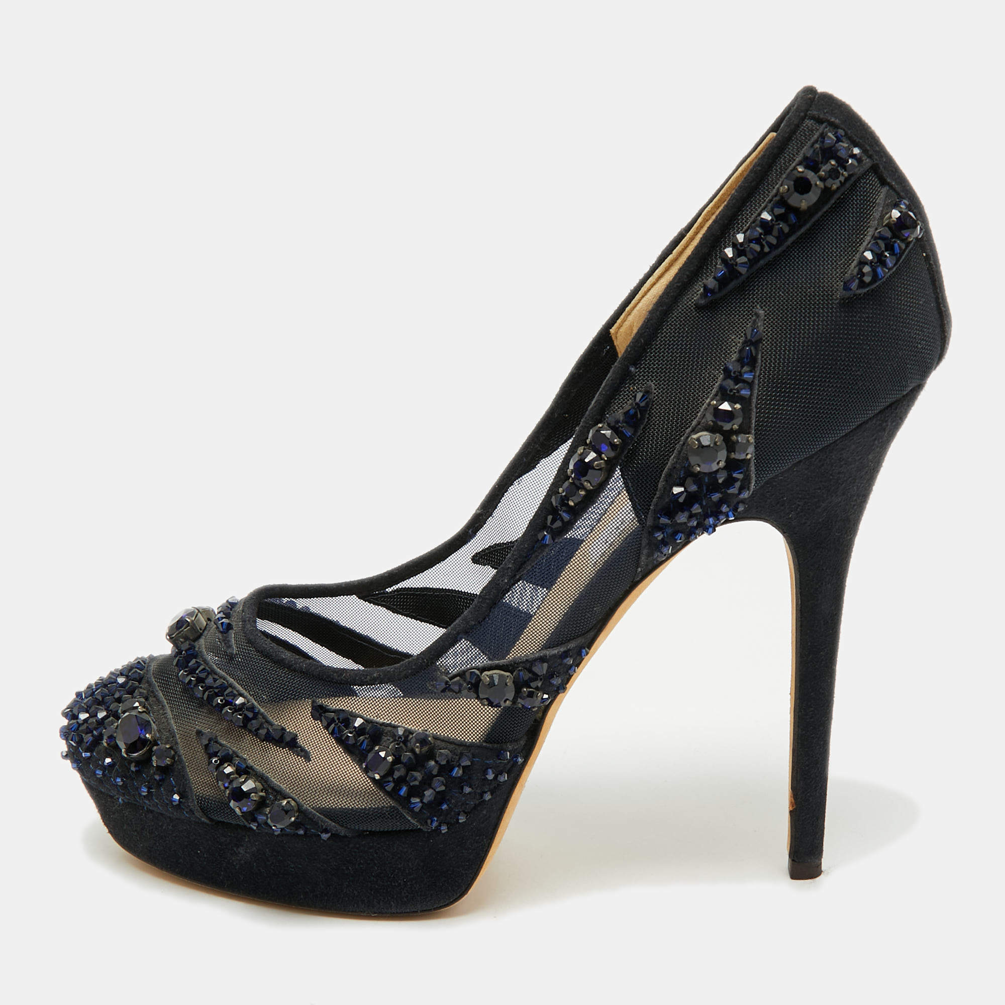 Pre Owned Jimmy Choo Navy Blue Crystal Embellished Suede and Mesh Kershaw Platform Pumps Size 41