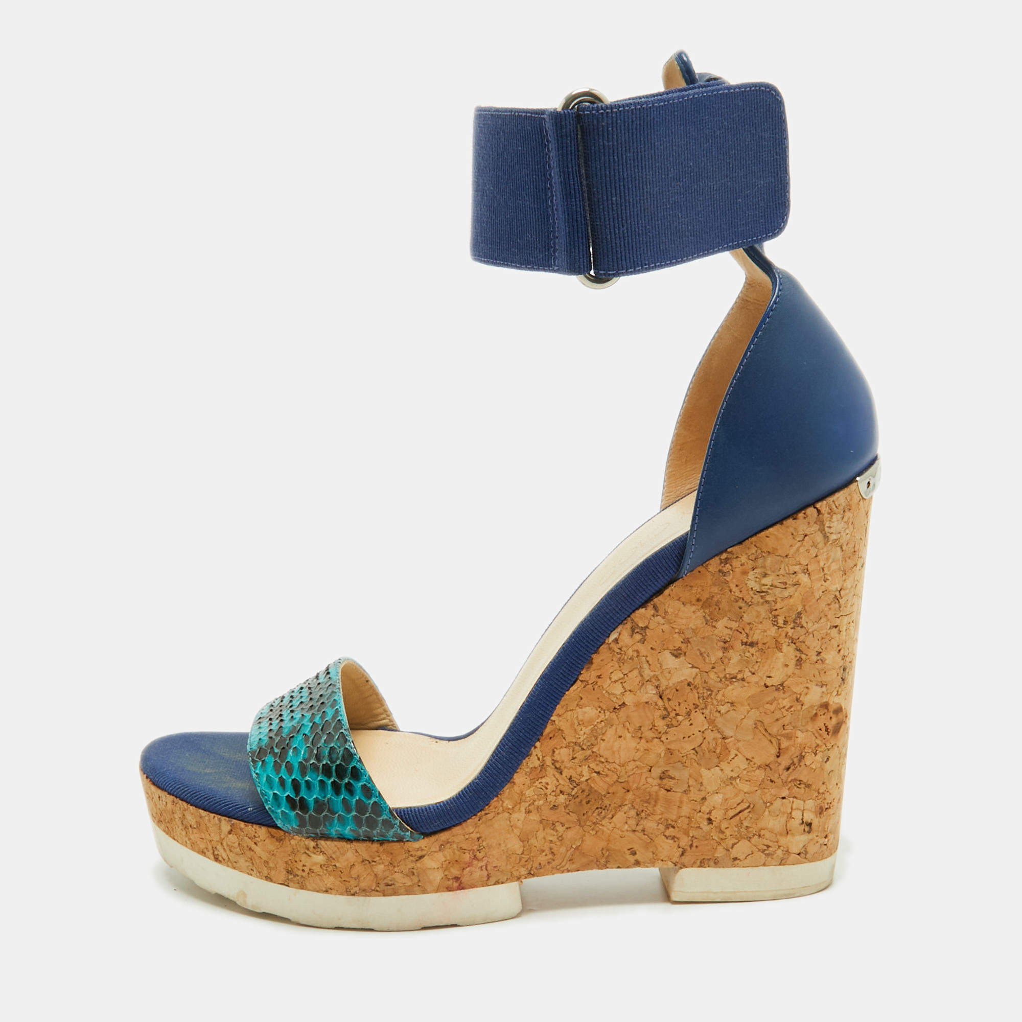 Pre Owned Jimmy Choo Blue Python and Leather Neston Cork Platform Wedge Sandals Size 41