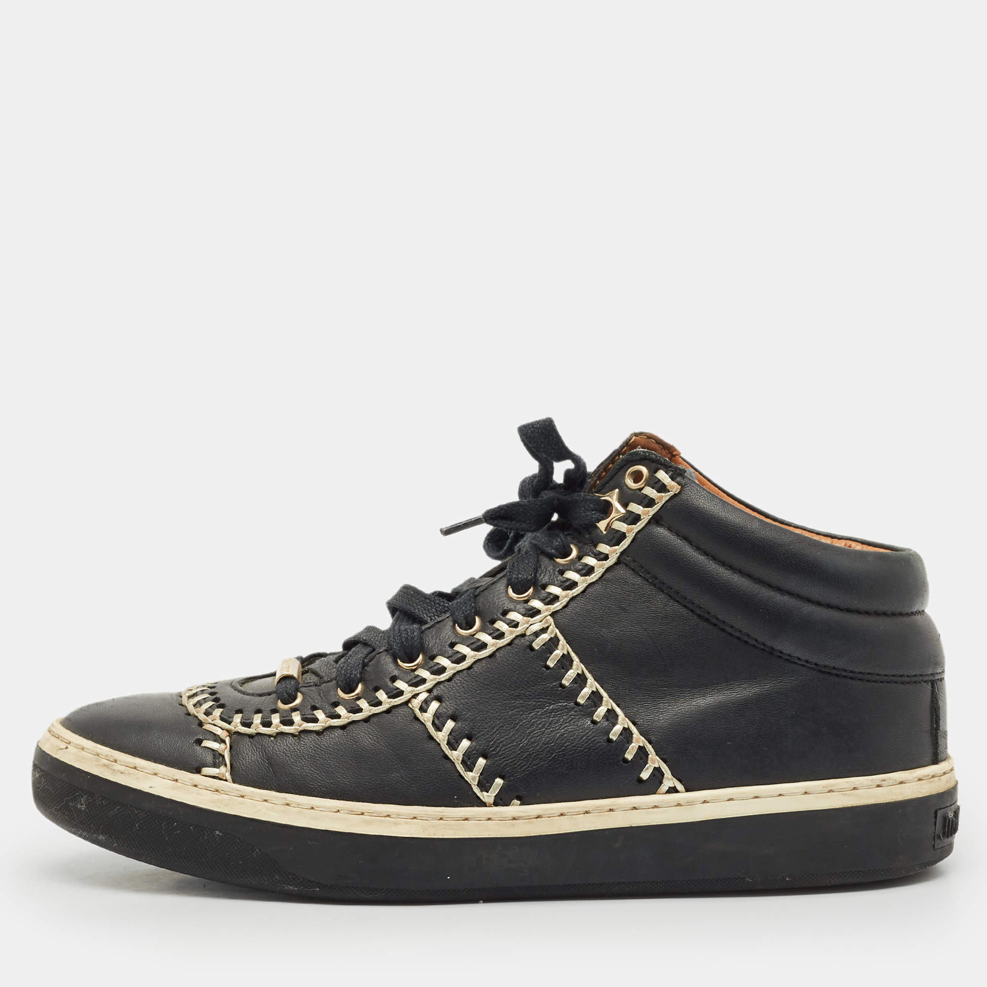 Pre Owned Jimmy Choo Black Leather Bells Mid Top Sneakers Size 38