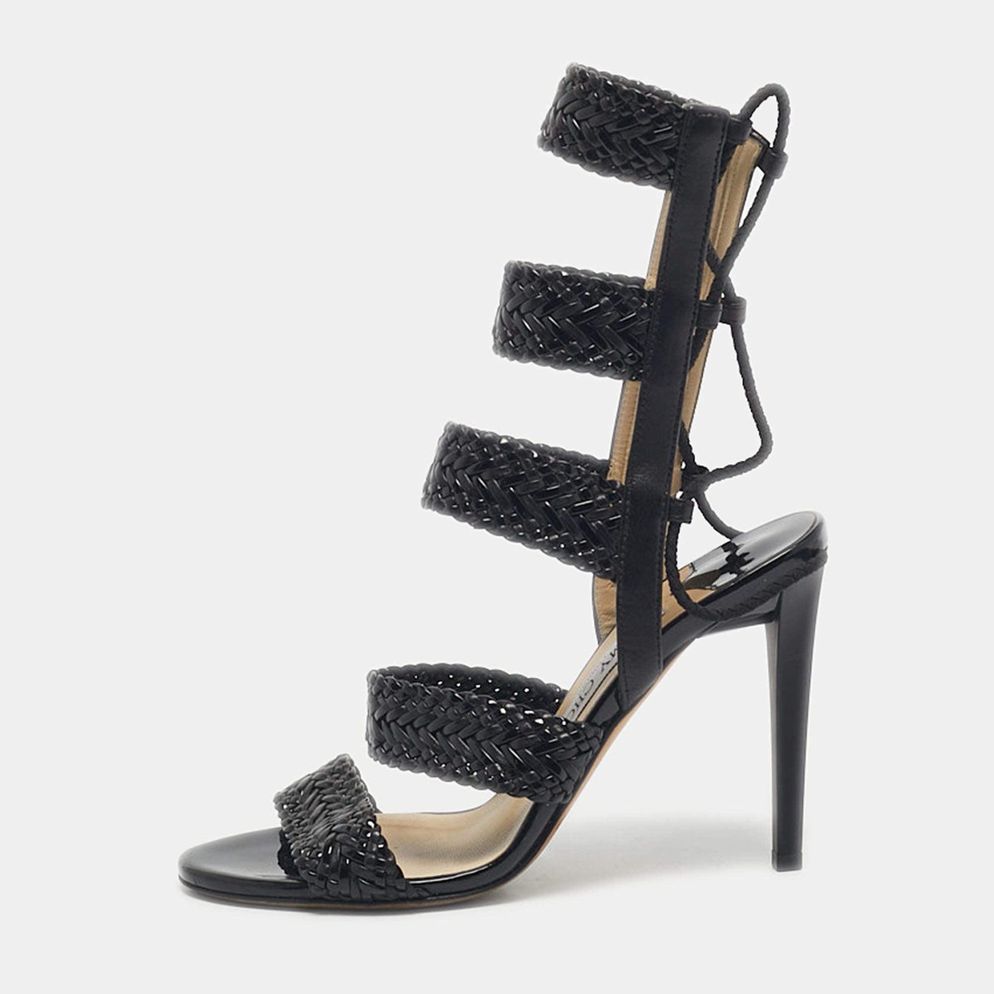 Pre Owned Jimmy Choo Black Patent and Leather Lima Gladiator Sandals Size 37