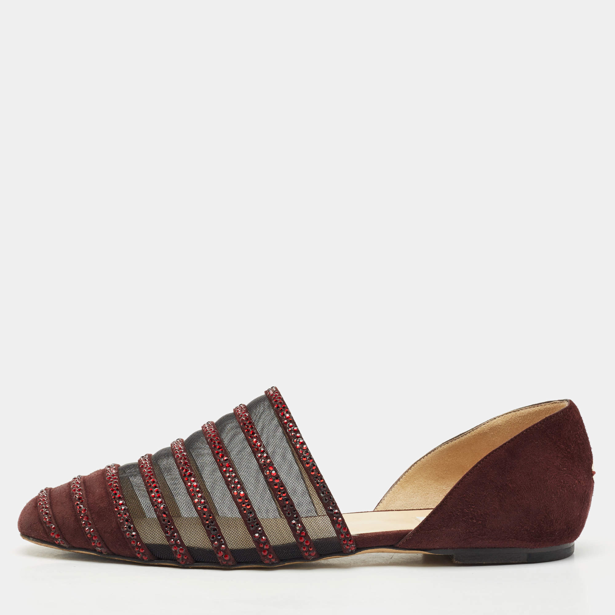 Pre Owned Jimmy Choo Burgundy Suede and Mesh Crystal Embellished Globe Flats Size 40