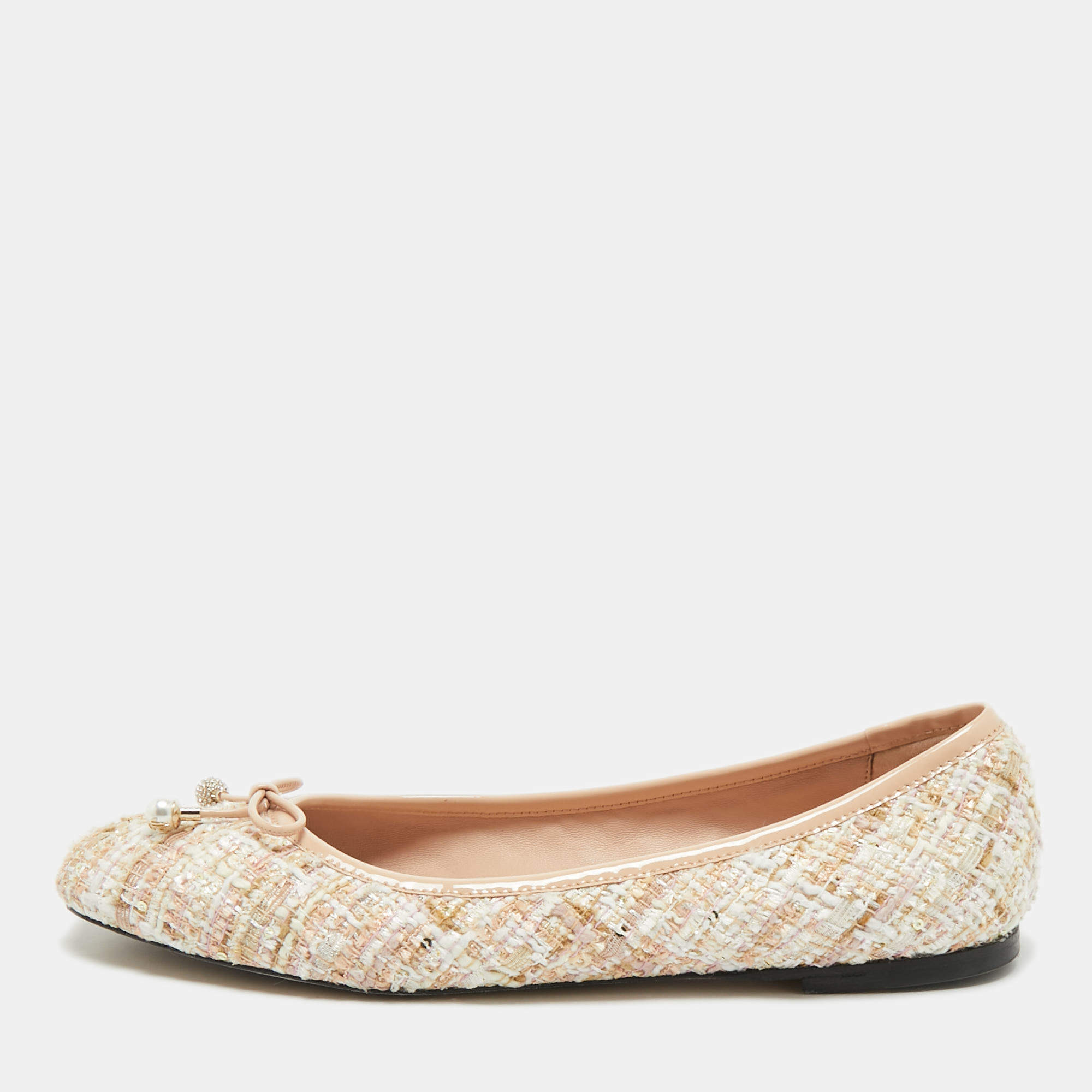 Pre Owned Jimmy Choo Beige Tweed and Patent Leather Bow Elme Ballet Flats Size 40