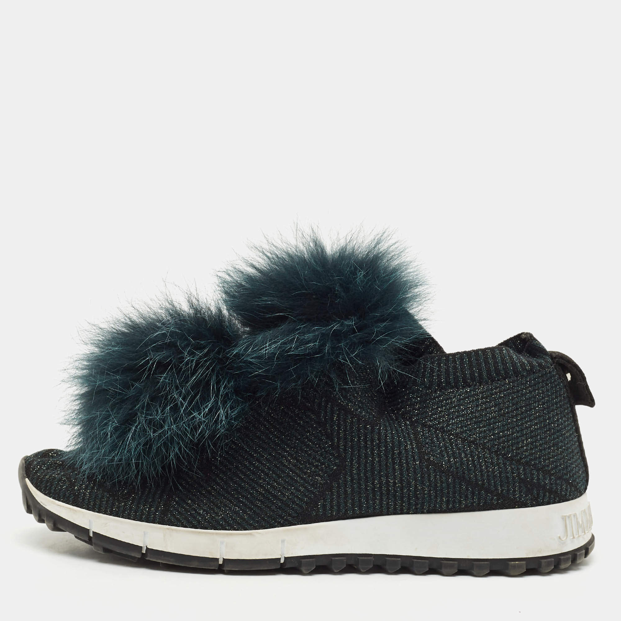 Pre Owned Jimmy Choo Green Knit Fabric and Mink Fur Norway Slip On Sneakers Size 37.5