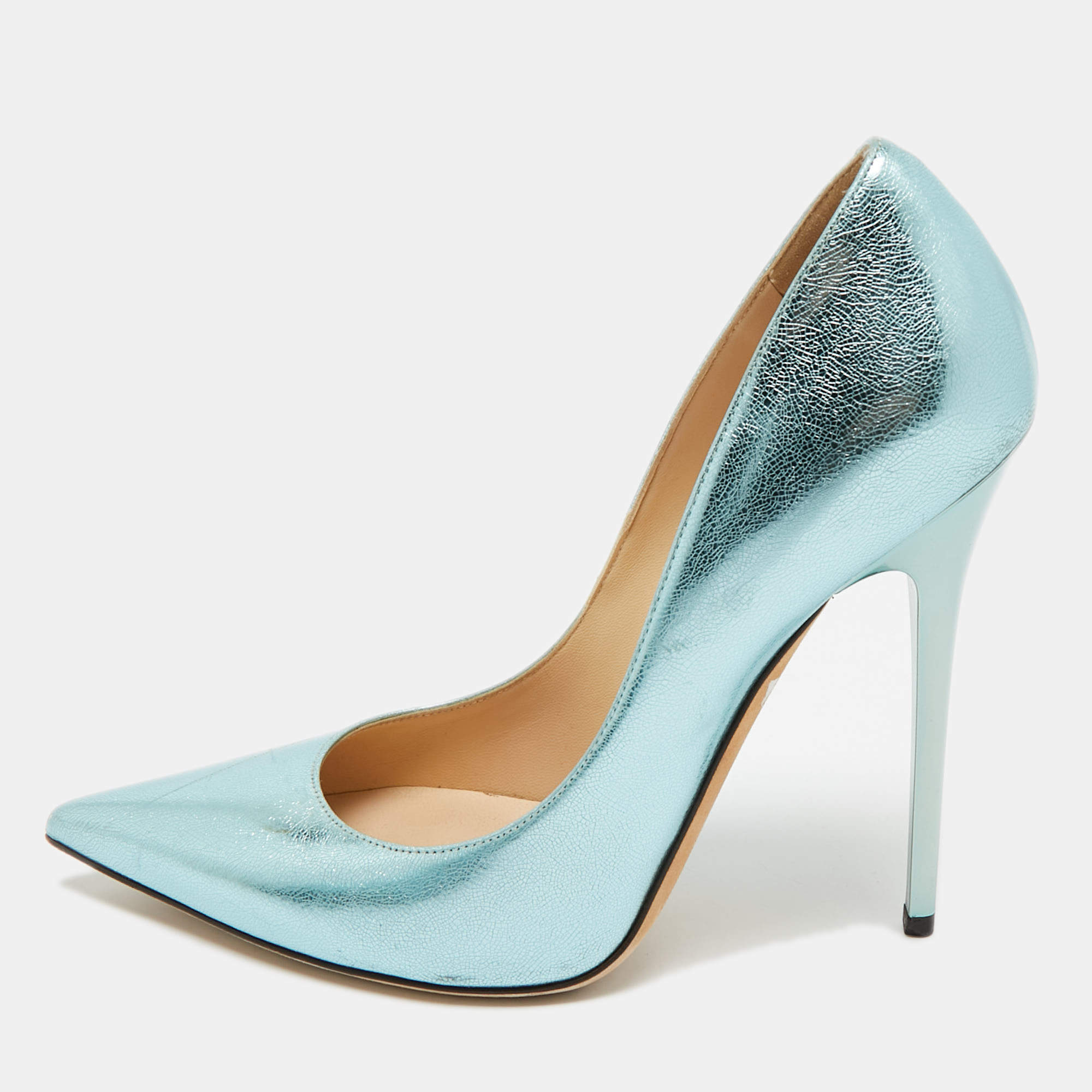 Pre Owned Jimmy Choo Light Blue Foil Leather Pointed Toe Pumps Size 38.5