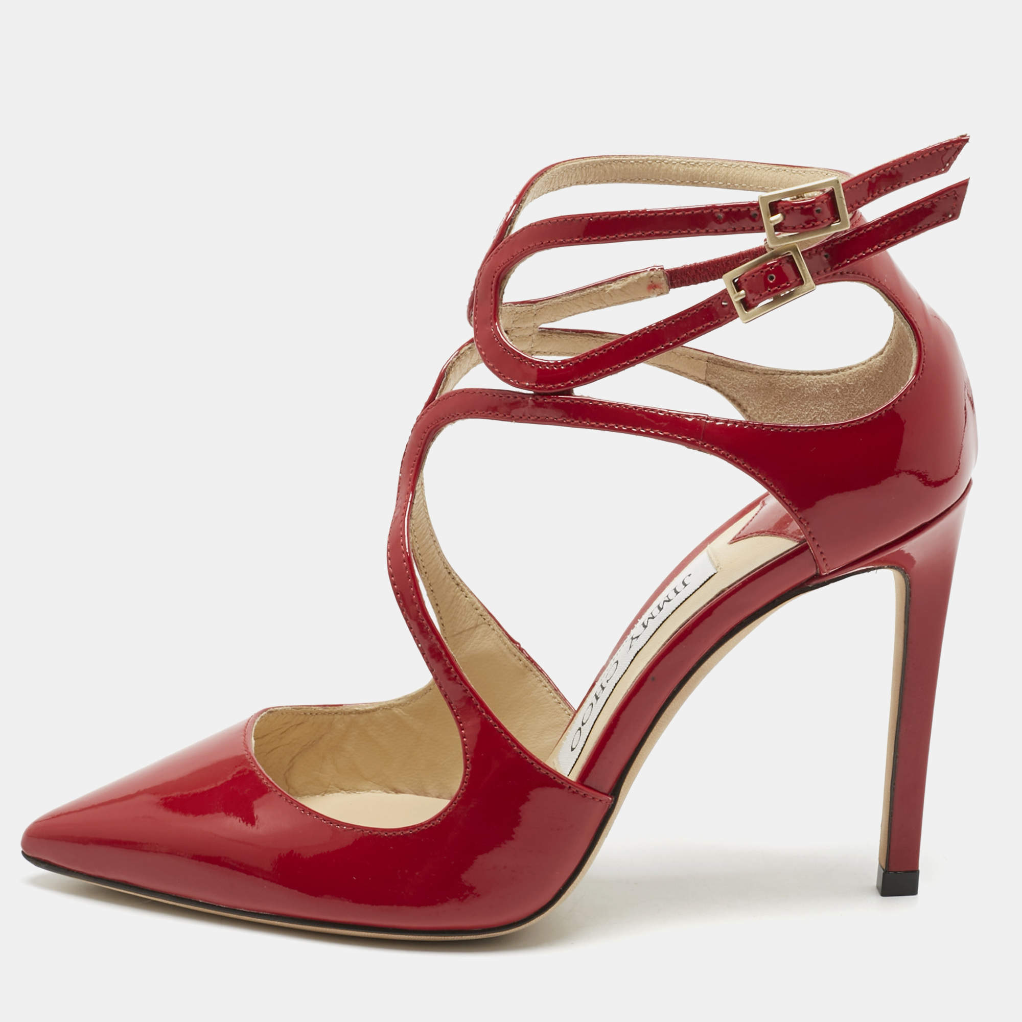 Pre Owned Jimmy Choo Red Patent Leather Lancer Strappy Pumps Size 34