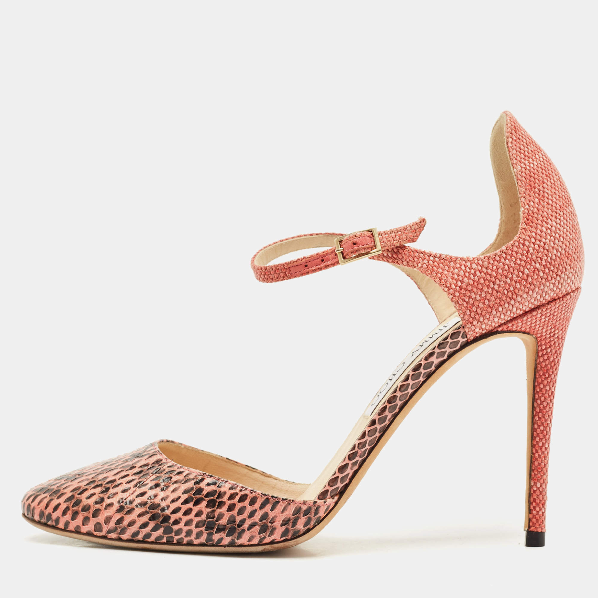 Pre Owned Jimmy Choo Pink/Brown Watersnake and Fabric Ankle Strap Sandals Size 39.5