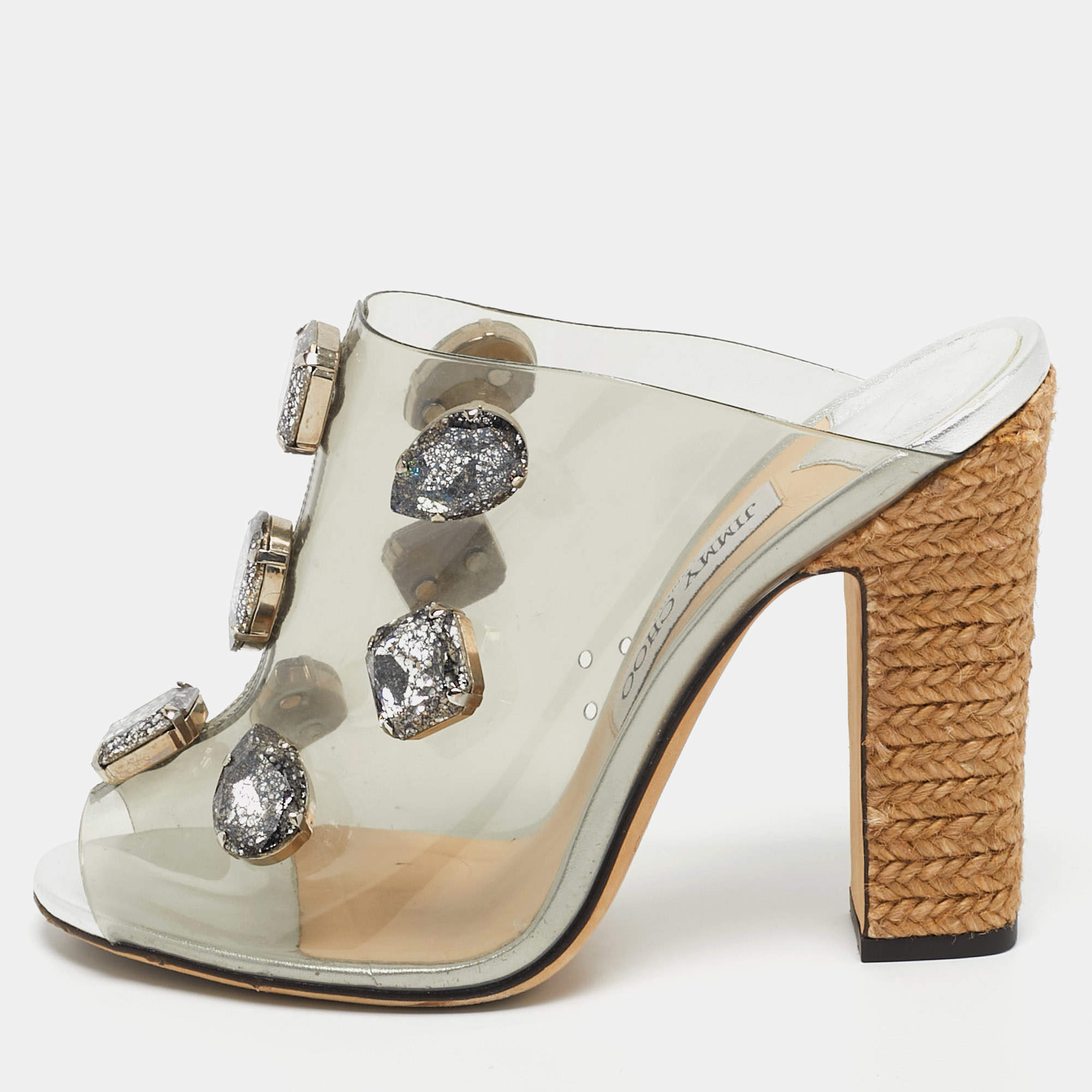 Pre Owned Jimmy Choo Silver PVC Crystal Embellished Mule Sandals Size 39