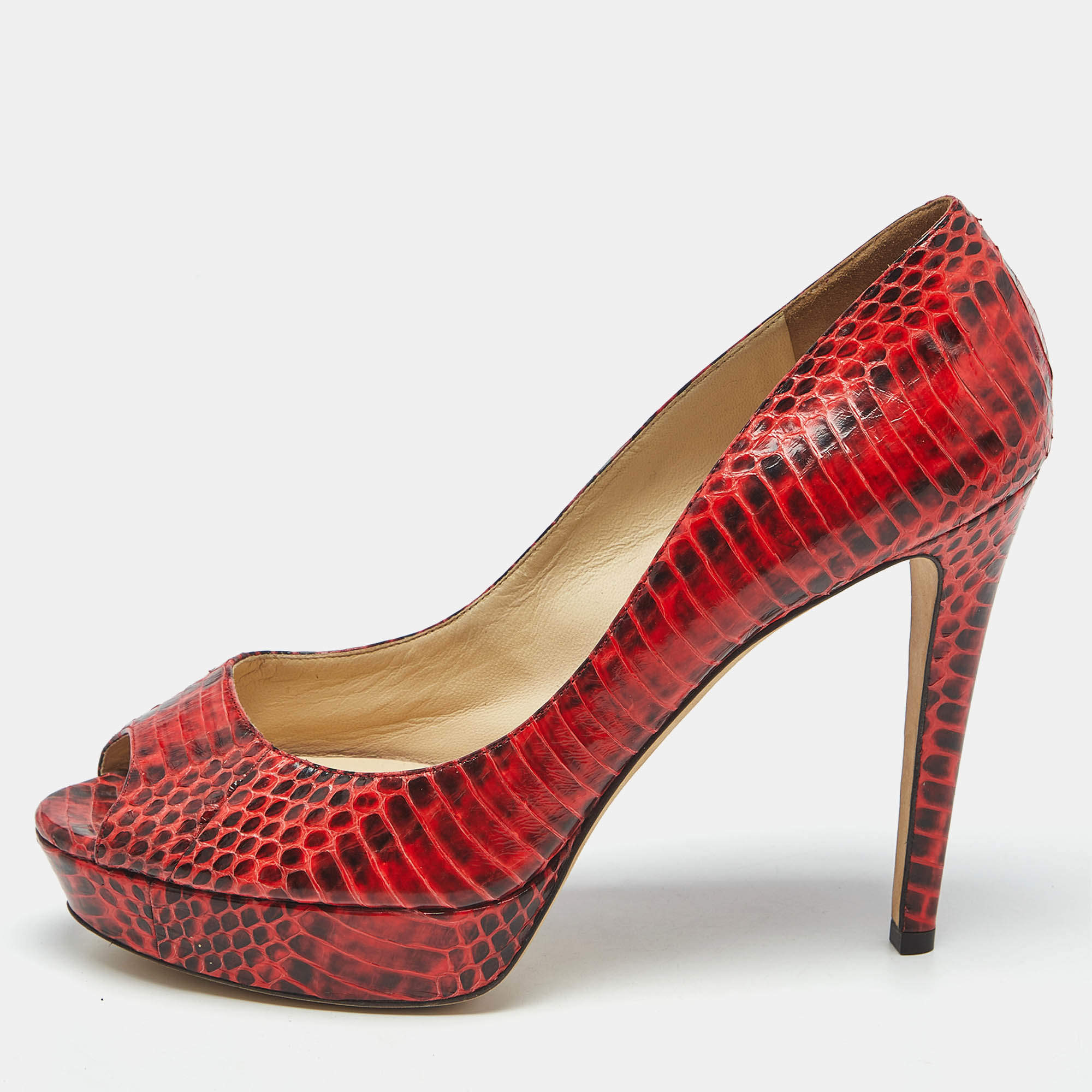 Pre Owned Jimmy Choo Red/Black Python Dahlia Peep Toe Pumps Size 41