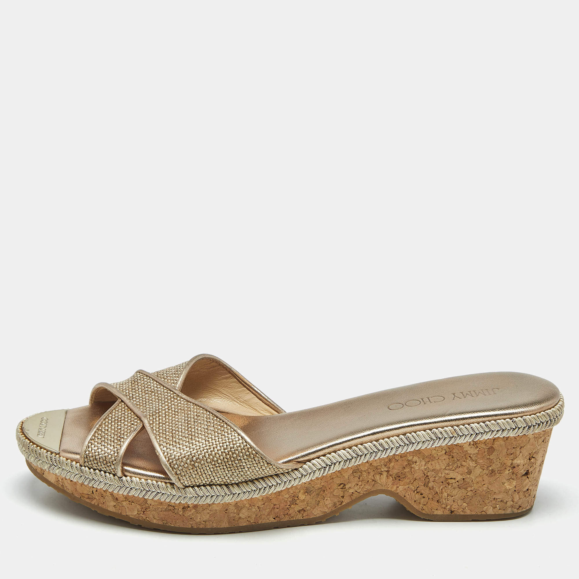Pre Owned Jimmy Choo Gold Woven Leather Prima Cork Wedge Sandals Size 40