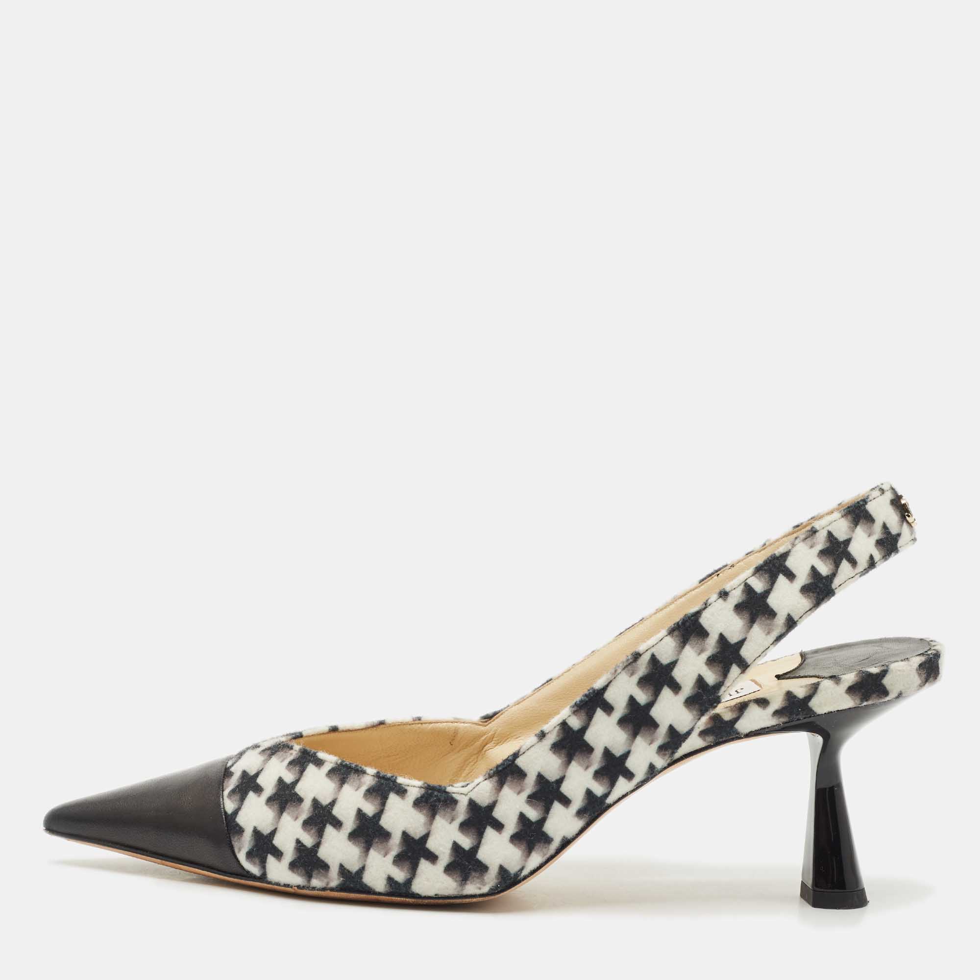 Pre Owned Jimmy Choo Black/White Houndstooth Fabric and Leather Liya Slingback Pumps Size 40