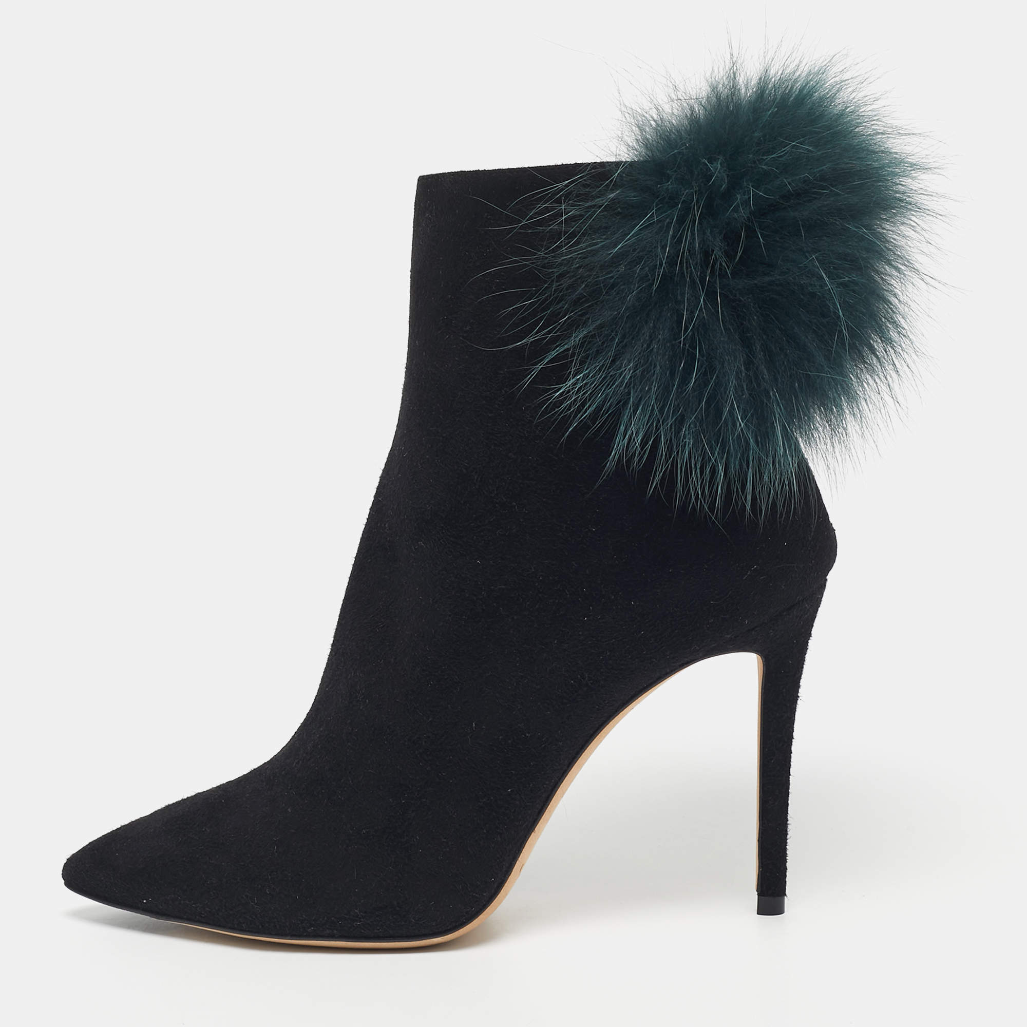 Pre Owned Jimmy Choo Black/Green Fox Fur and Suede Tesler Ankle Length Boots Size 37.5