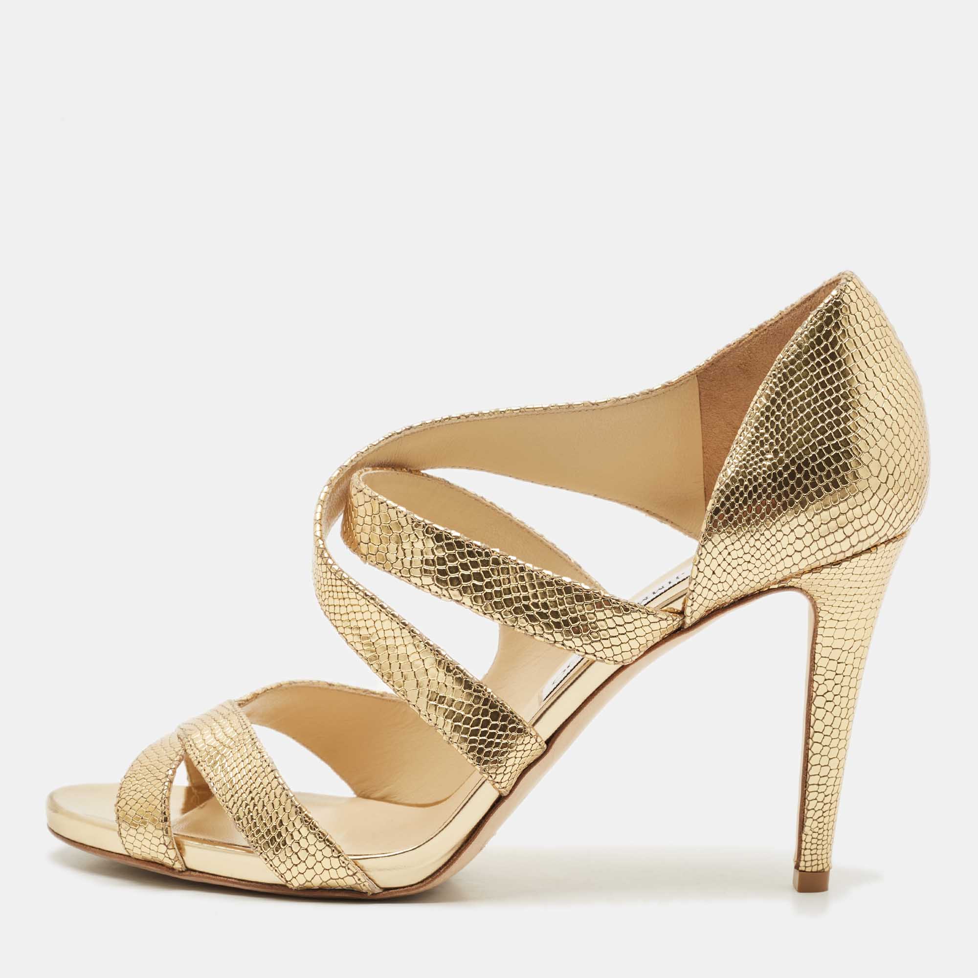 Pre Owned Jimmy Choo Gold Glitter Louise Strappy Sandals Size 41.5