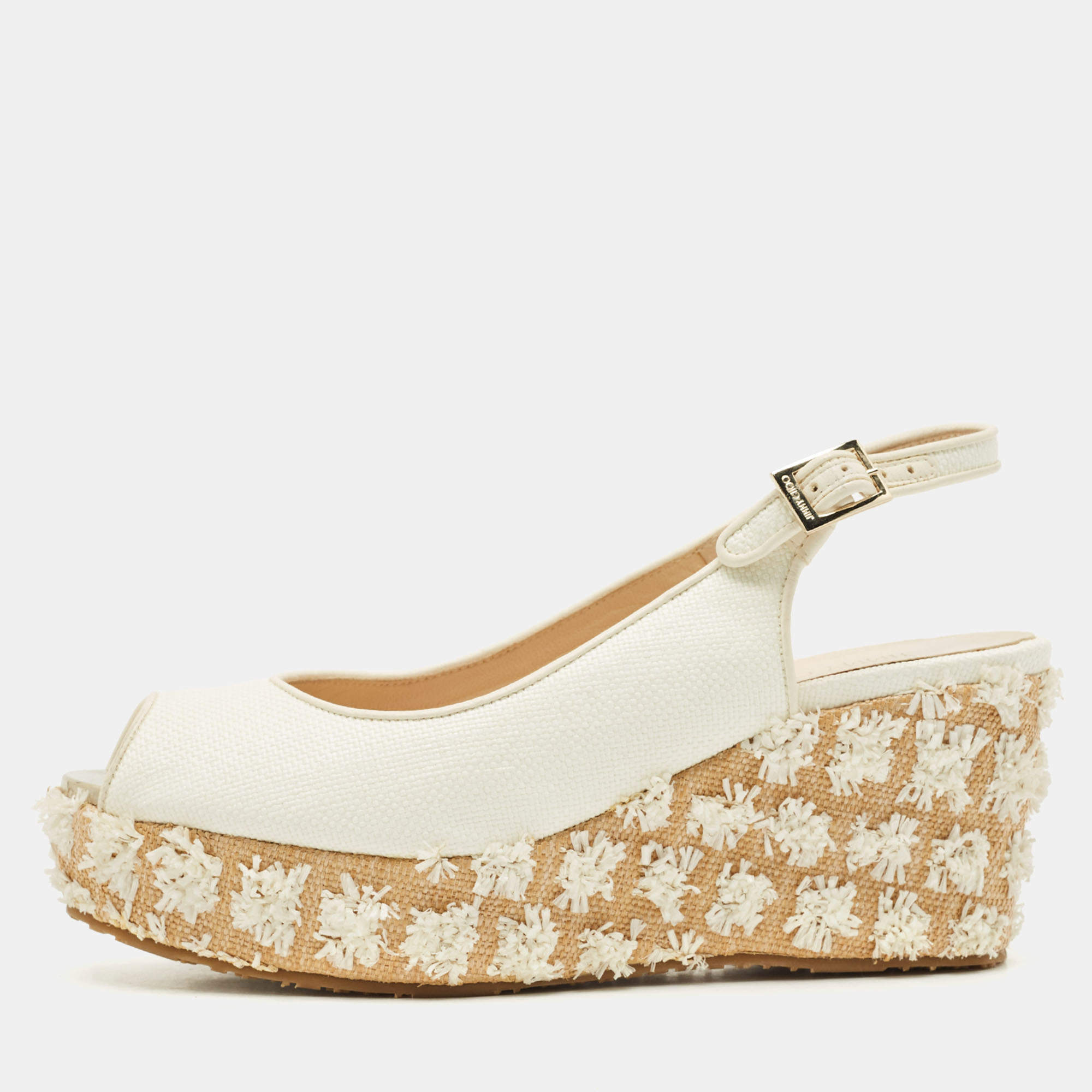 Pre Owned صندل جيمي تشو داكوتا جلد أبيض ورافيا كعب عريض مقاس 39