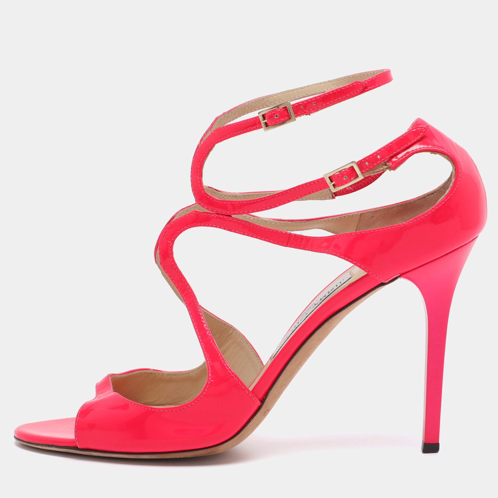 Pre Owned Jimmy Choo Neon Pink Patent Leather Lance Ankle Strap Sandals Size 42