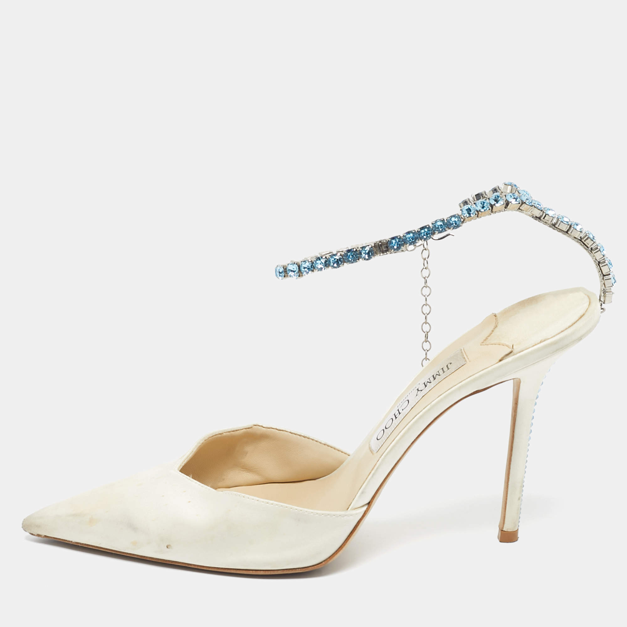 Pre Owned Jimmy Choo Off White Satin Saeda Crystals Ankle Strap Pumps Size 40