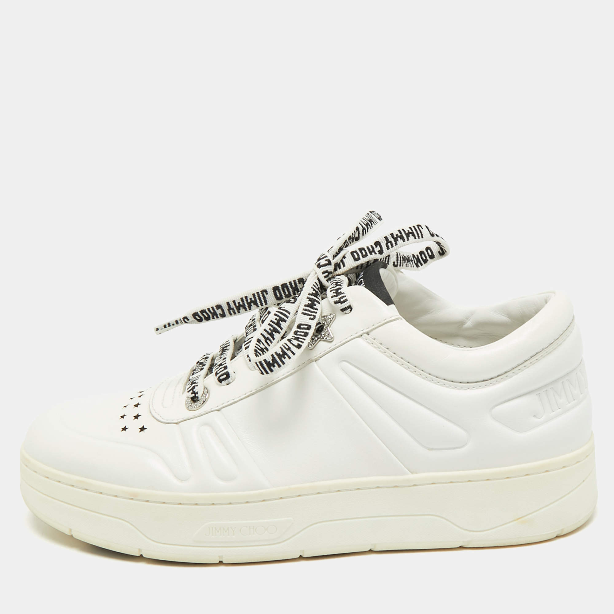 Pre Owned Jimmy Choo White Leather Studded Hawaii/F Low Top Sneakers Size 37