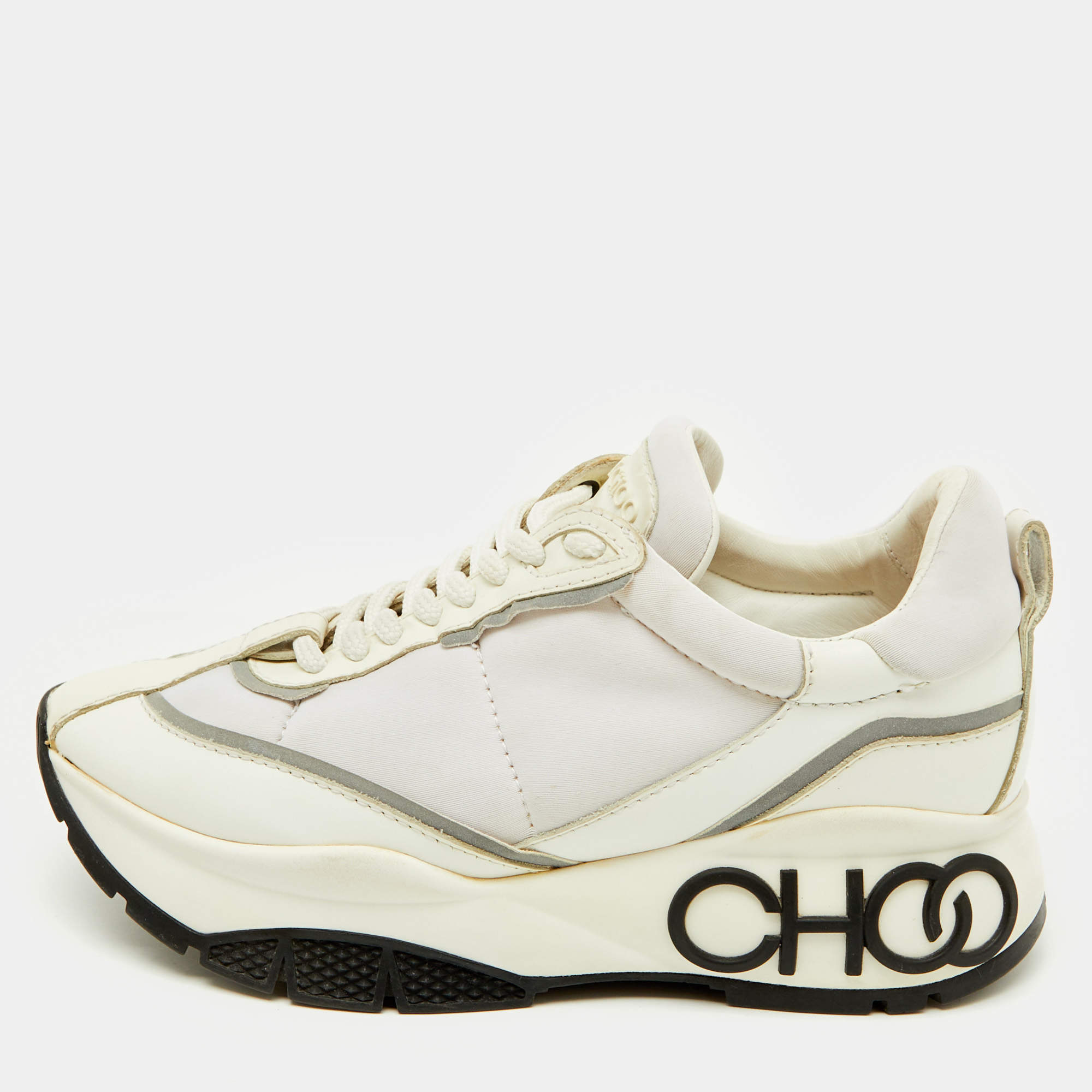 Pre Owned Jimmy Choo White Neoprene and Leather Raine Lace Up Sneakers Size 35.5
