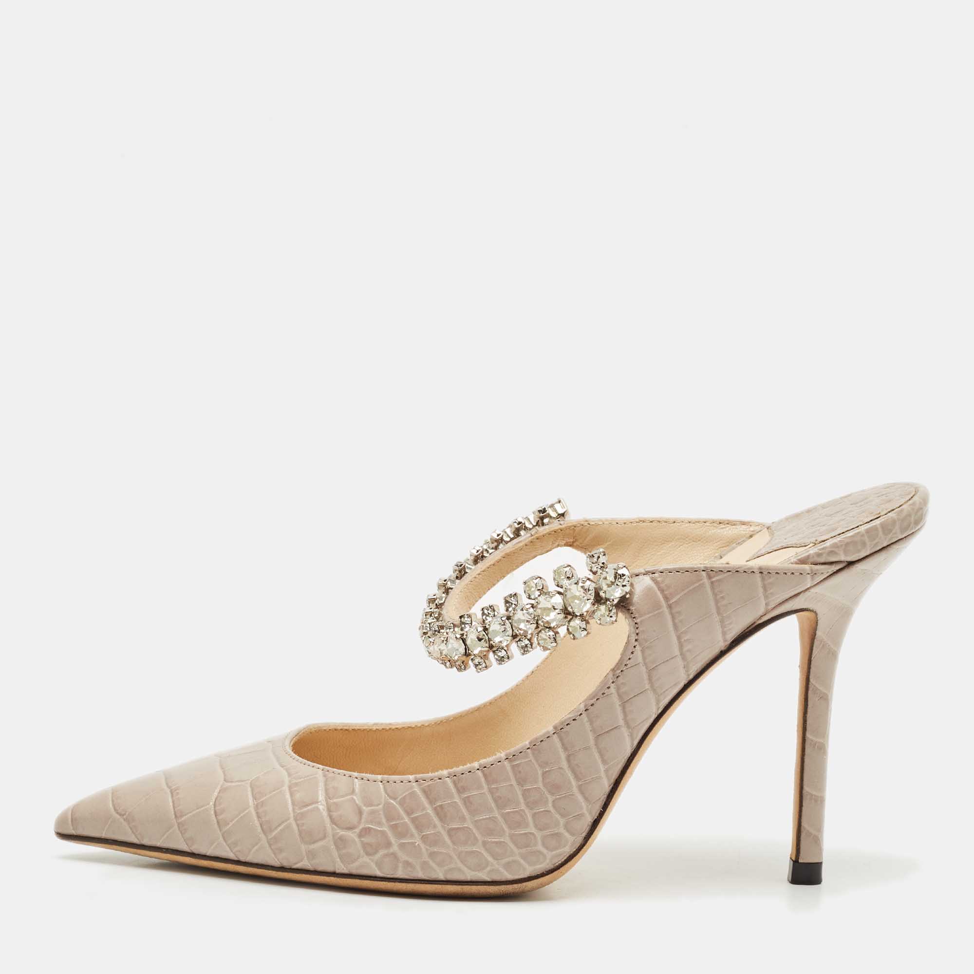 Pre Owned Jimmy Choo Beige Croc Embossed Leather Bing Mules Size 34