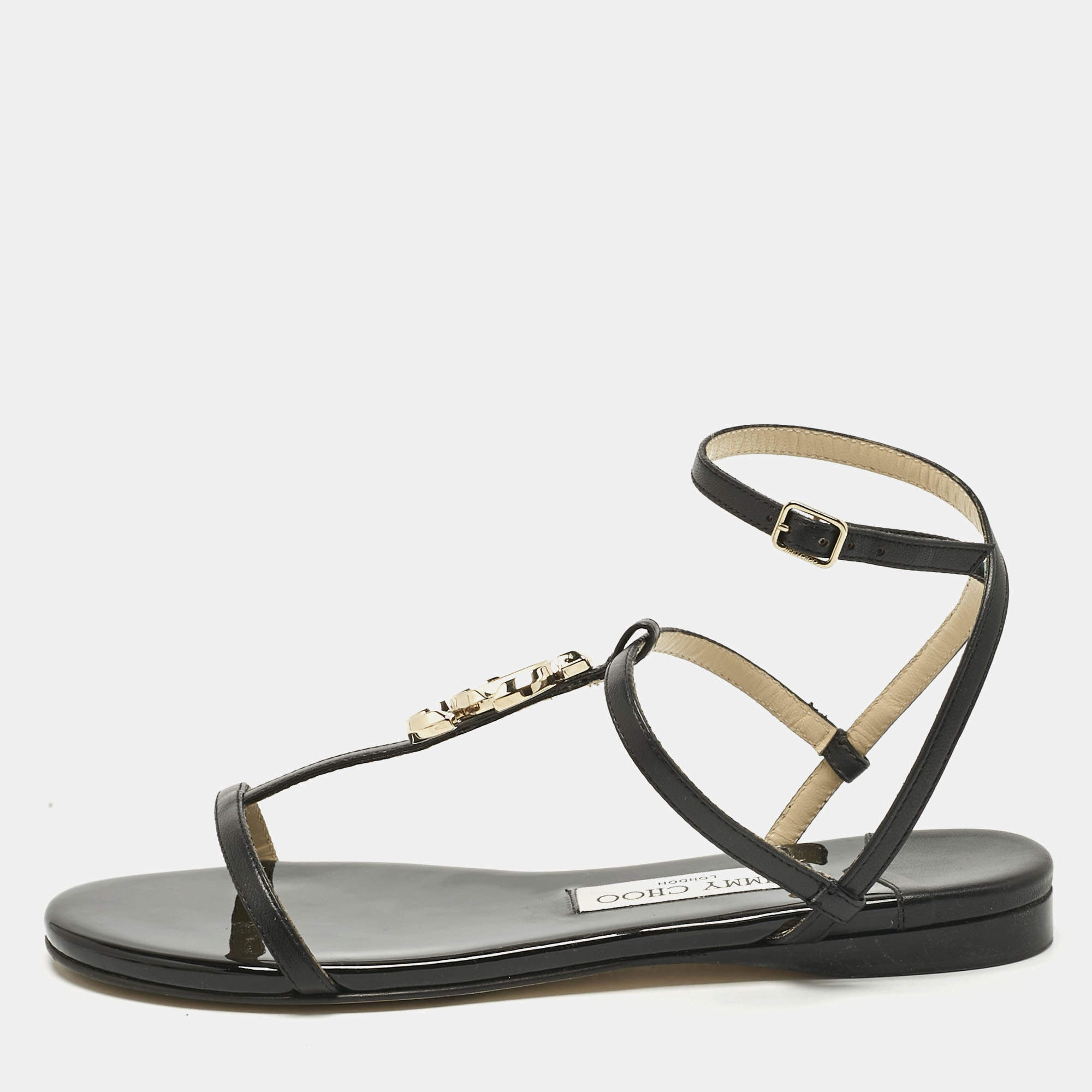مملوكة مسبقًا Jimmy Choo Black Leather Alodie Flat Sandals Size 37