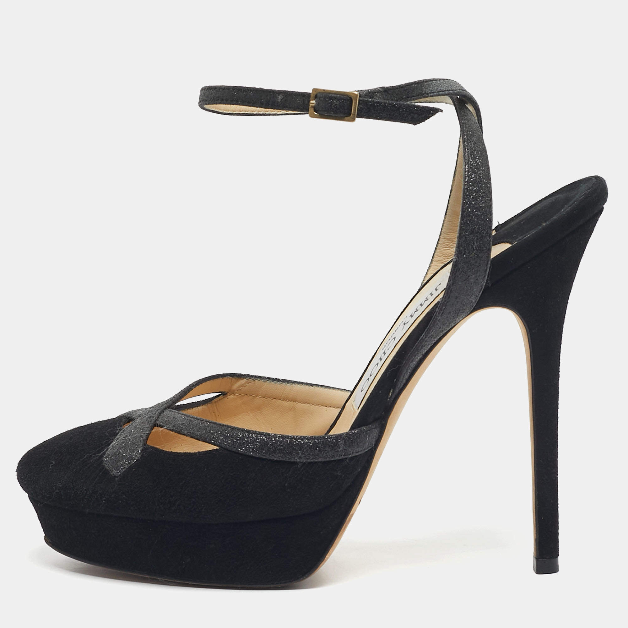 Pre Owned Jimmy Choo Black Glitter and Suede Platform Ankle Wrap Pumps Size 37
