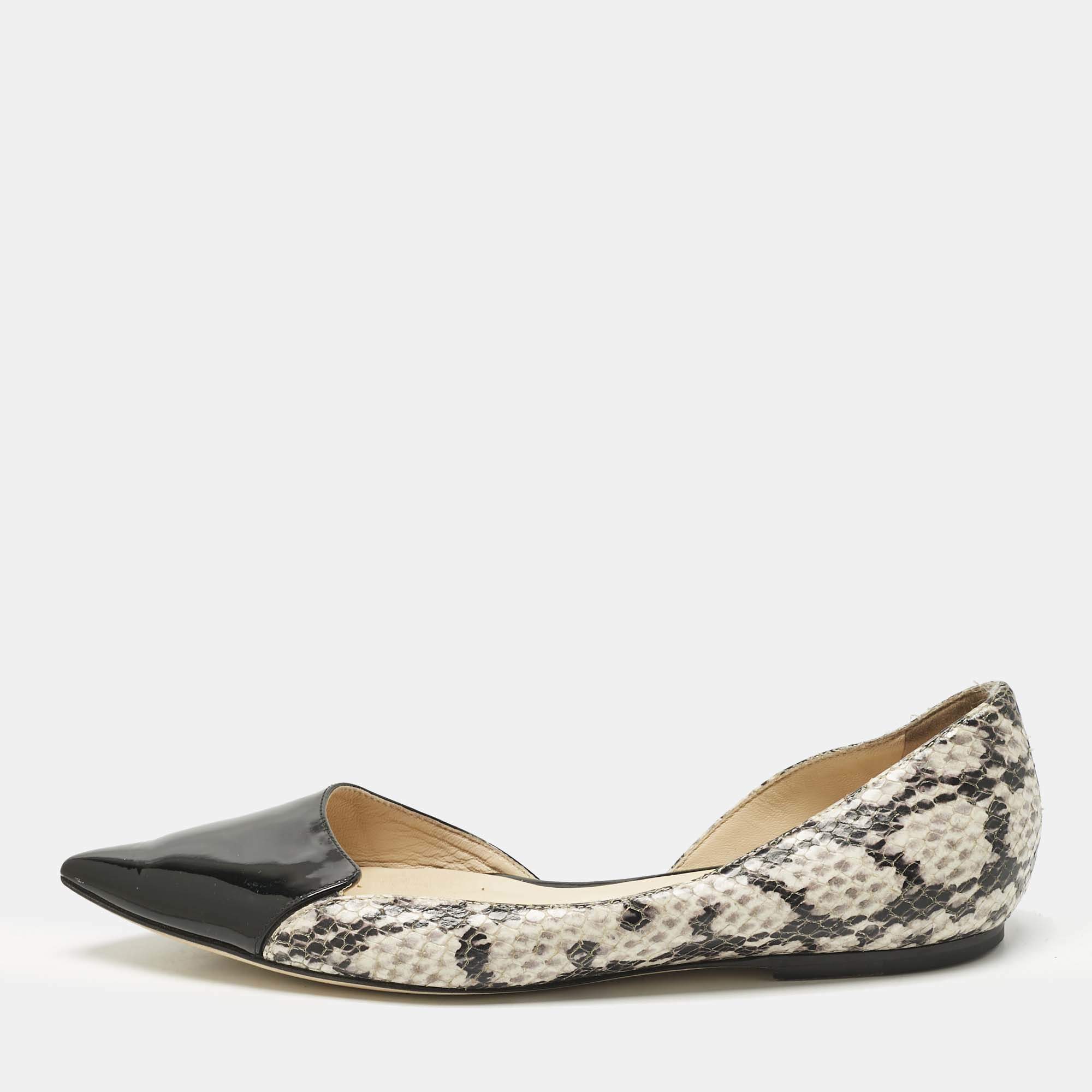 Pre Owned Jimmy Choo Black/Grey Patent Leather and Python Embossed Leather D'orsay Flats Size 37