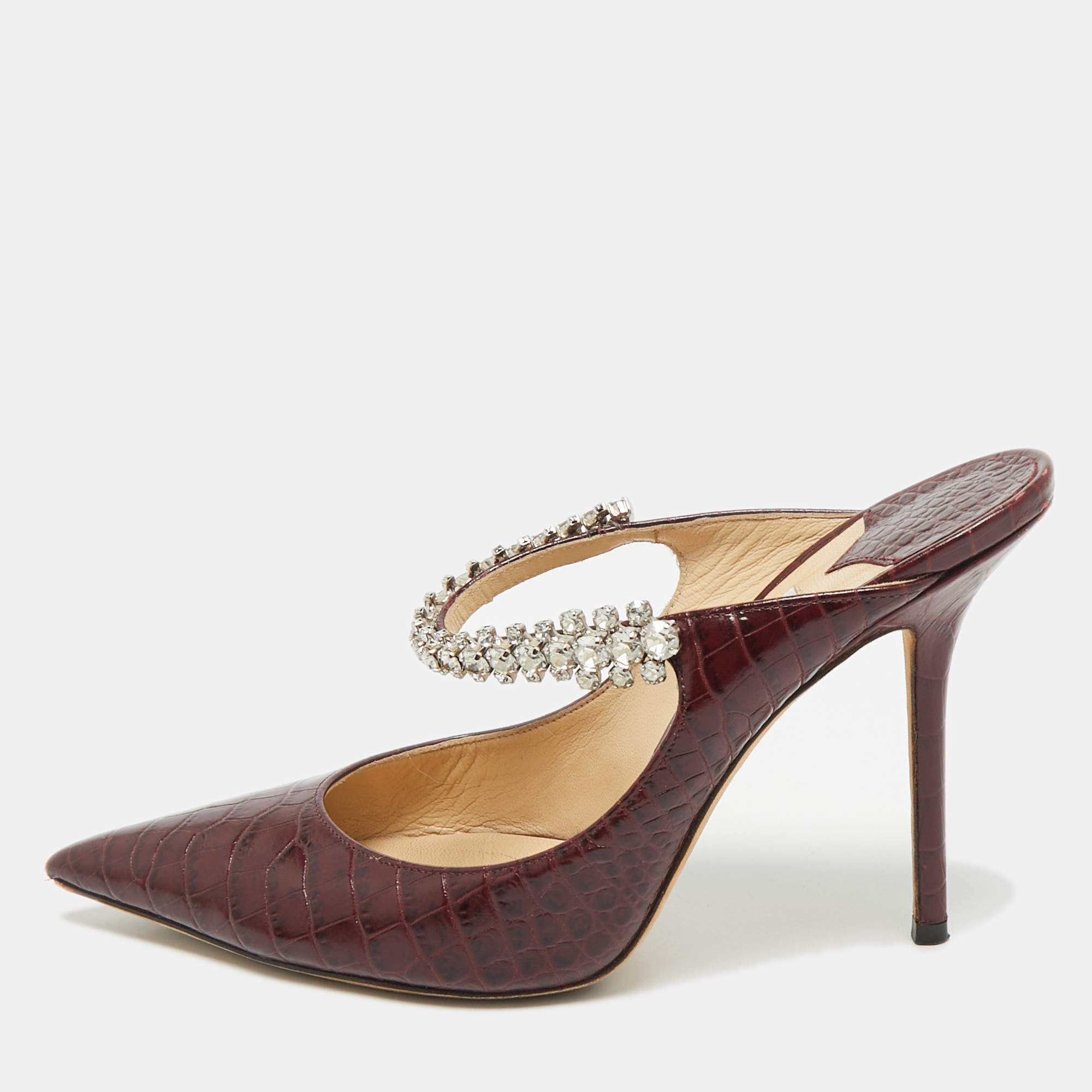 Pre Owned Jimmy Choo Burgundy Croc Embossed Leather Bing 100 Mules Size 40