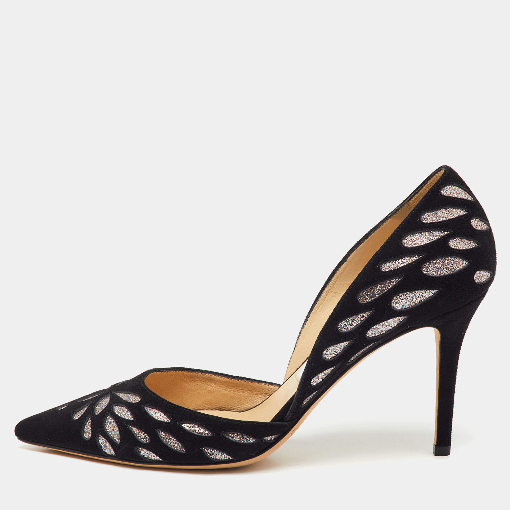 Pre Owned Jimmy Choo Black/Silver Suede and Glitters Pointed Pumps Size 37