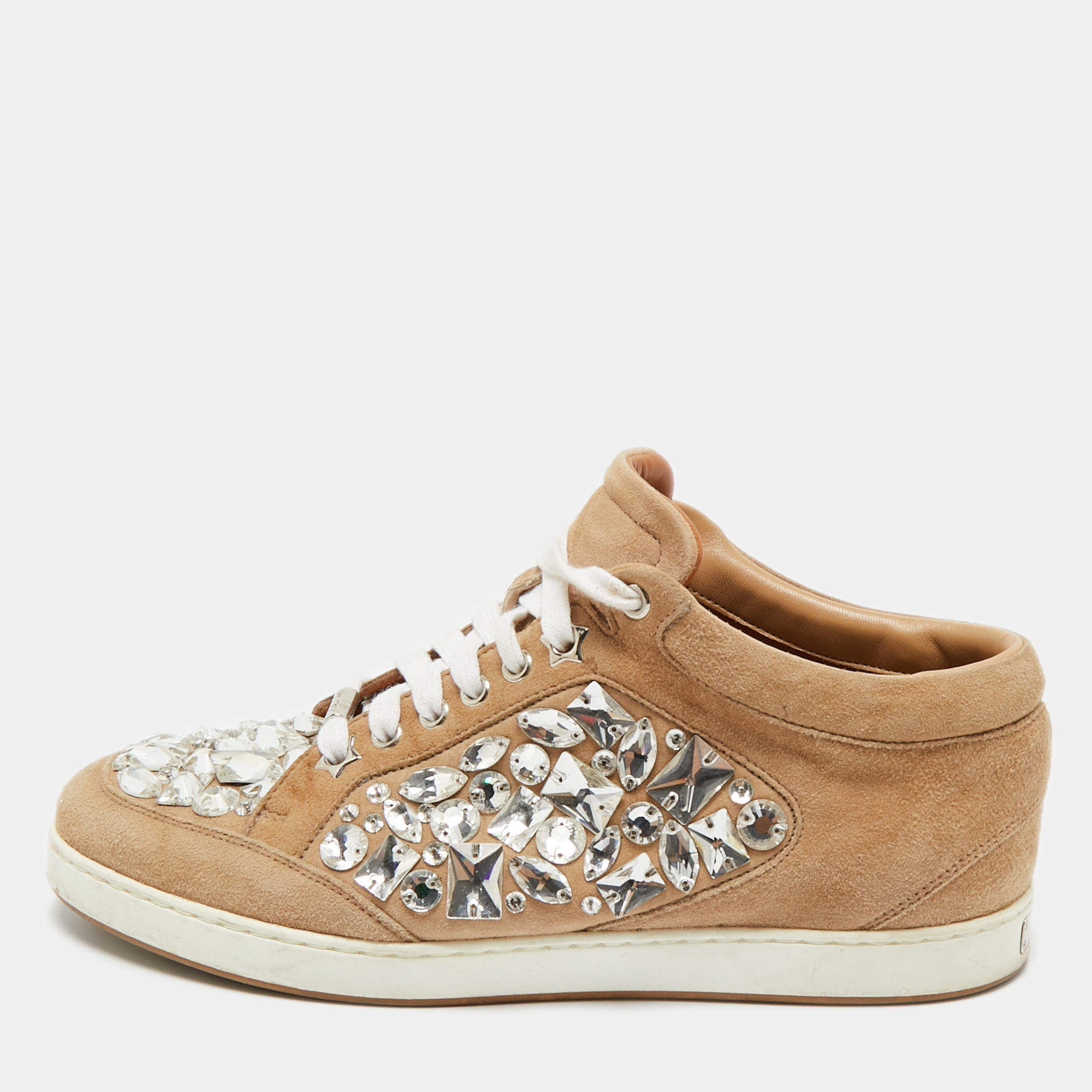 Pre Owned Jimmy Choo Beige Suede Miami Crystal Embellished Low Top Sneakers Size 38