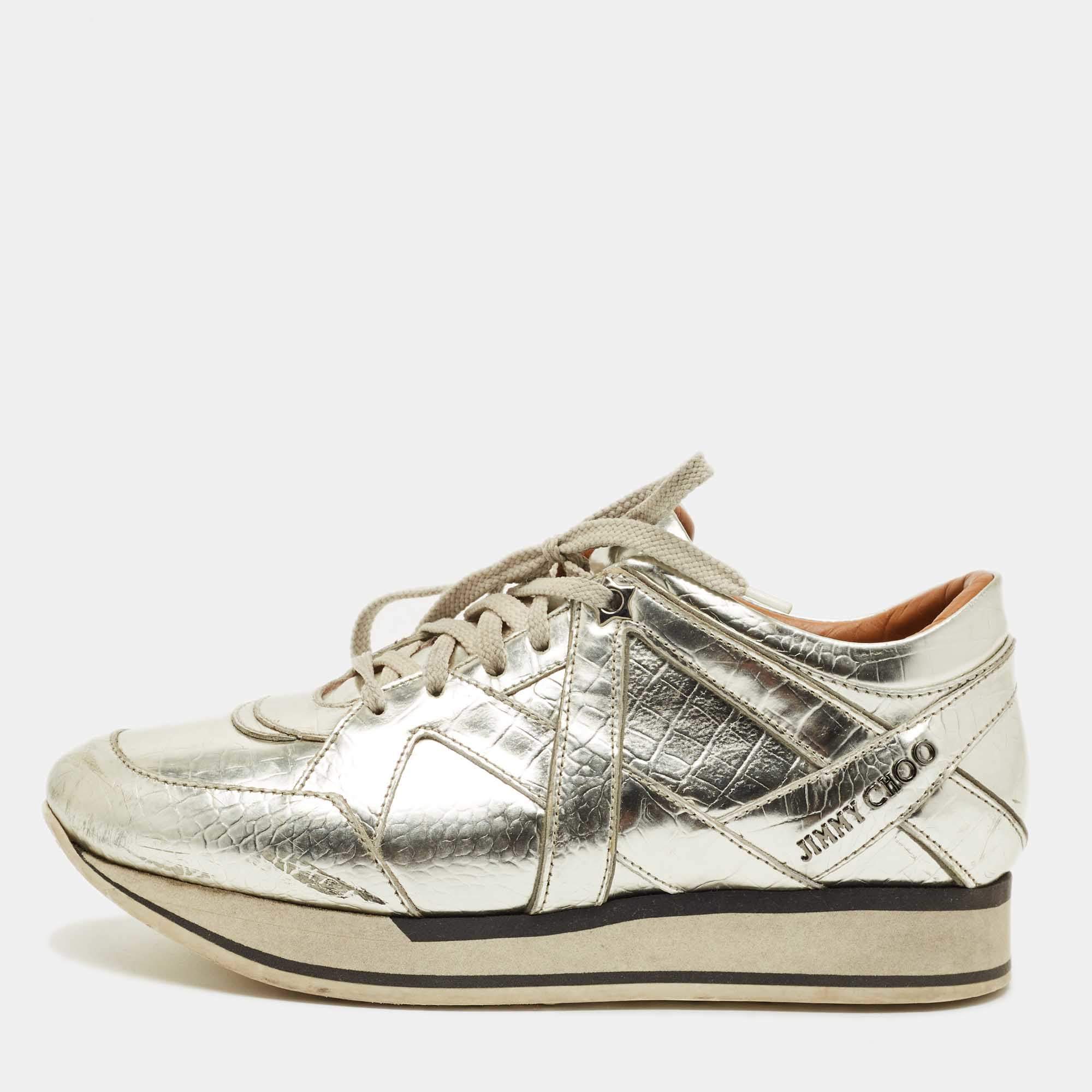 Pre Owned Jimmy Choo Gold  Croc Embossed Leather Miami Lace Up Sneakers Size 37.5