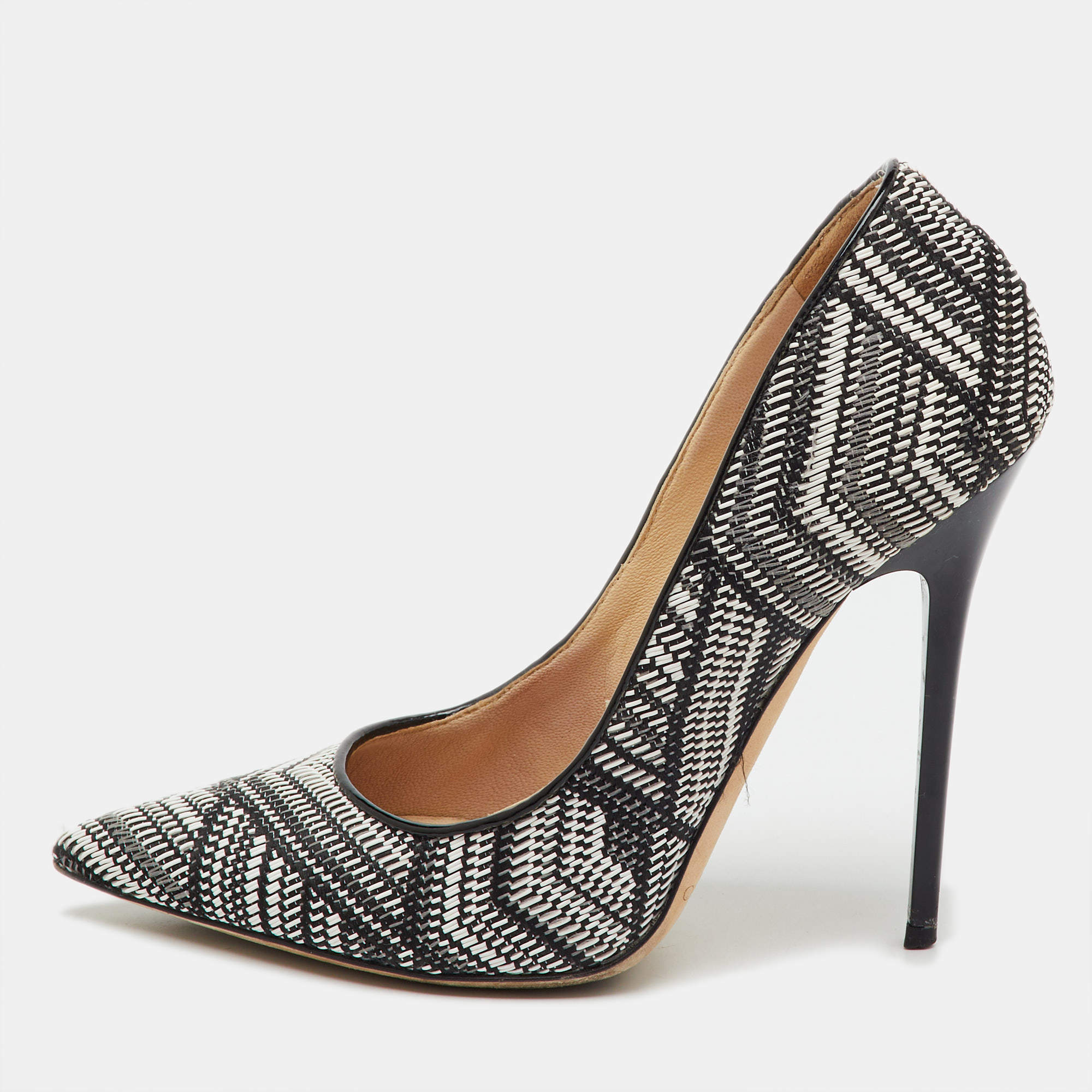 Pre Owned Jimmy Choo Black/White Geometric Print Woven Fabric and Patent Leather Abel Pumps Size 36.5