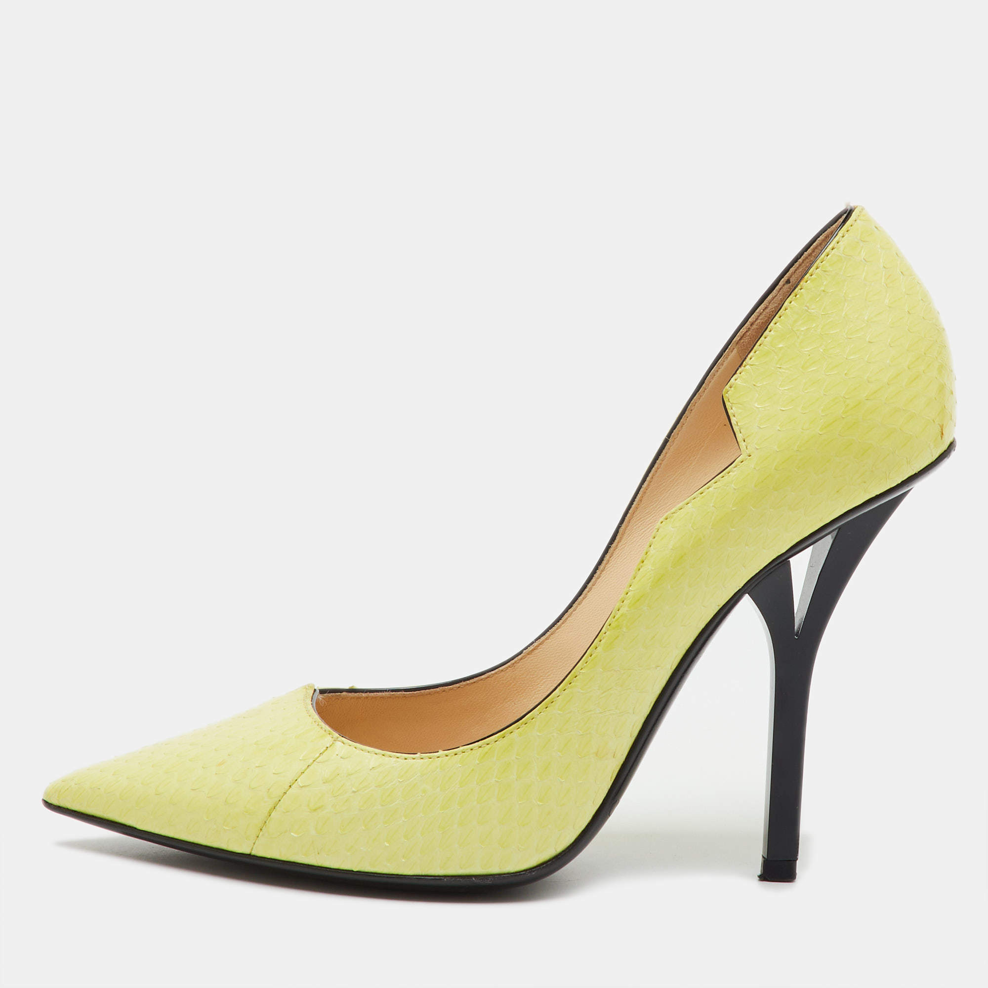 Pre Owned Jimmy Choo Lemon Yellow Elaphe Pumps Size 35.5