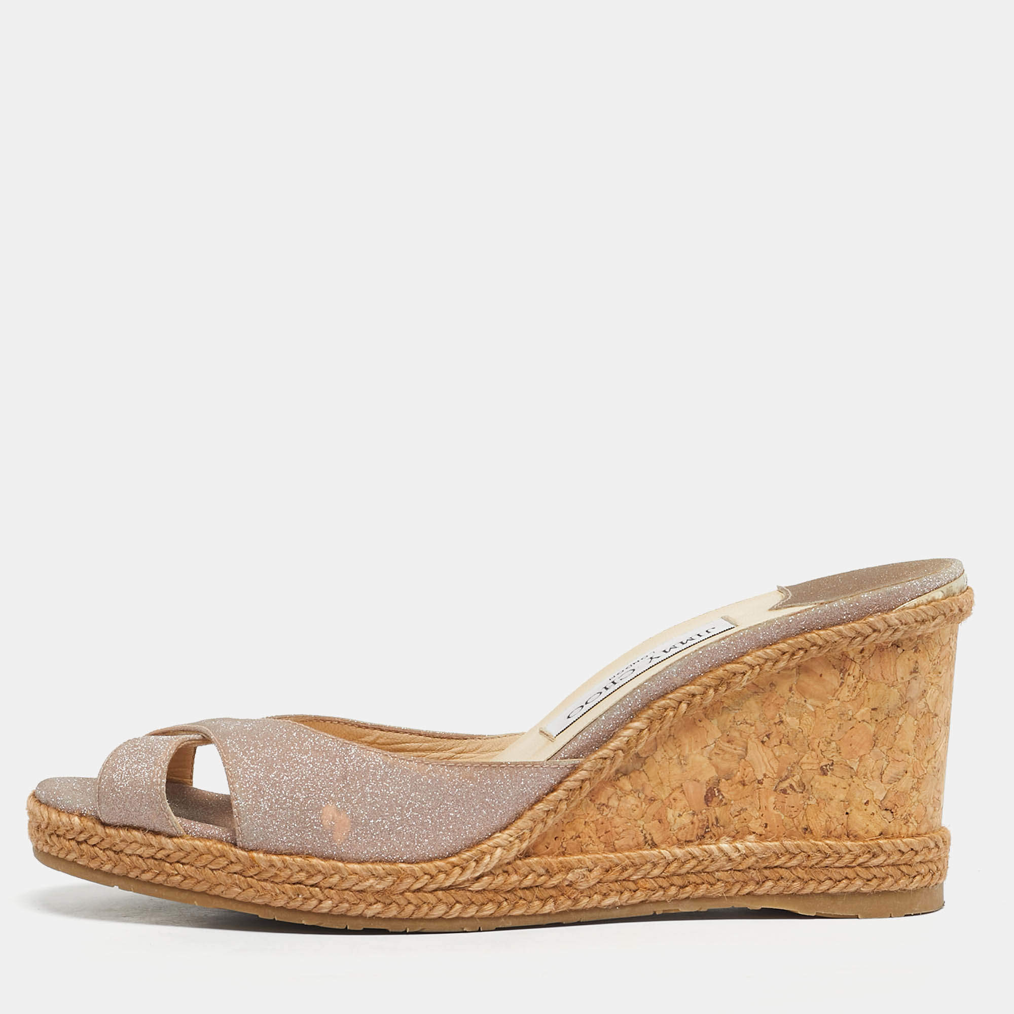 Pre Owned Jimmy Choo Beige Glitter Wedge Sandals Size 40