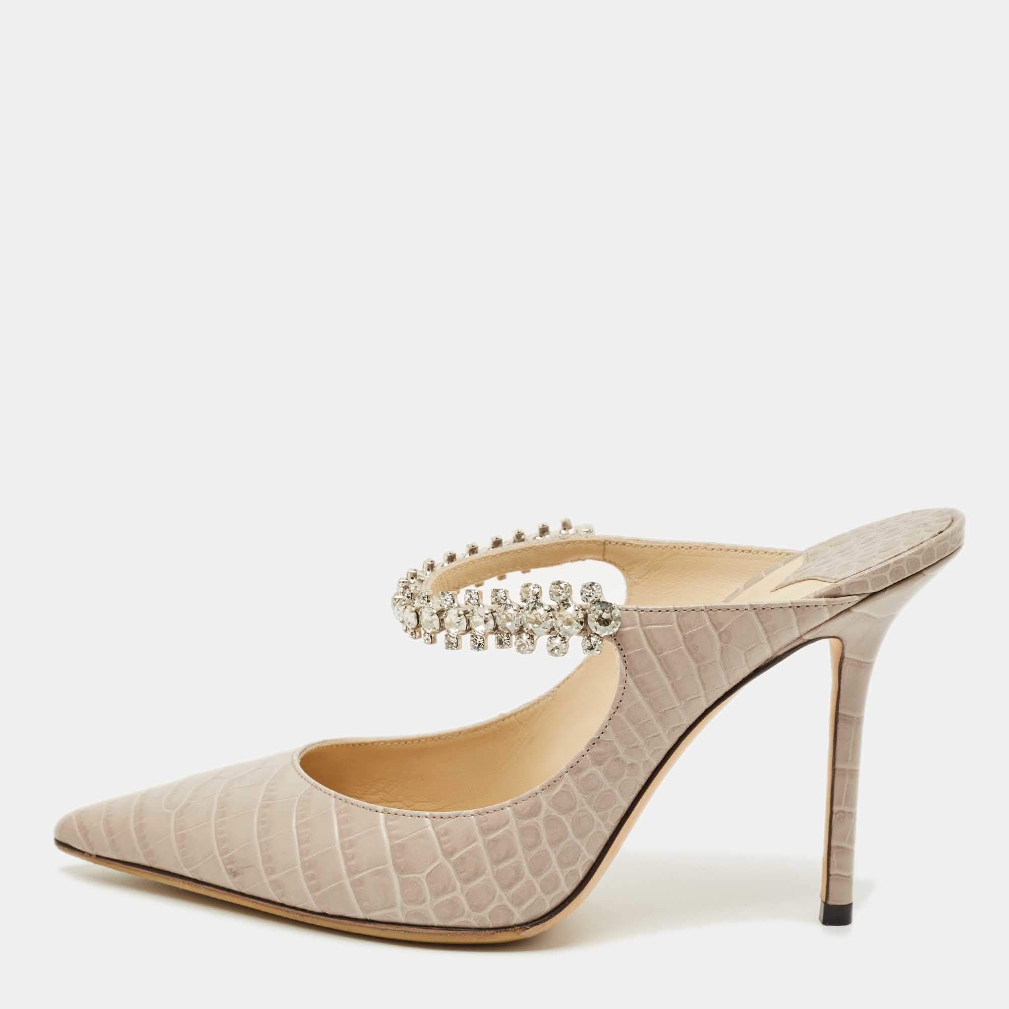 Pre Owned Jimmy Choo Grey Croc Embossed Leather Bing Mules Size 38.5