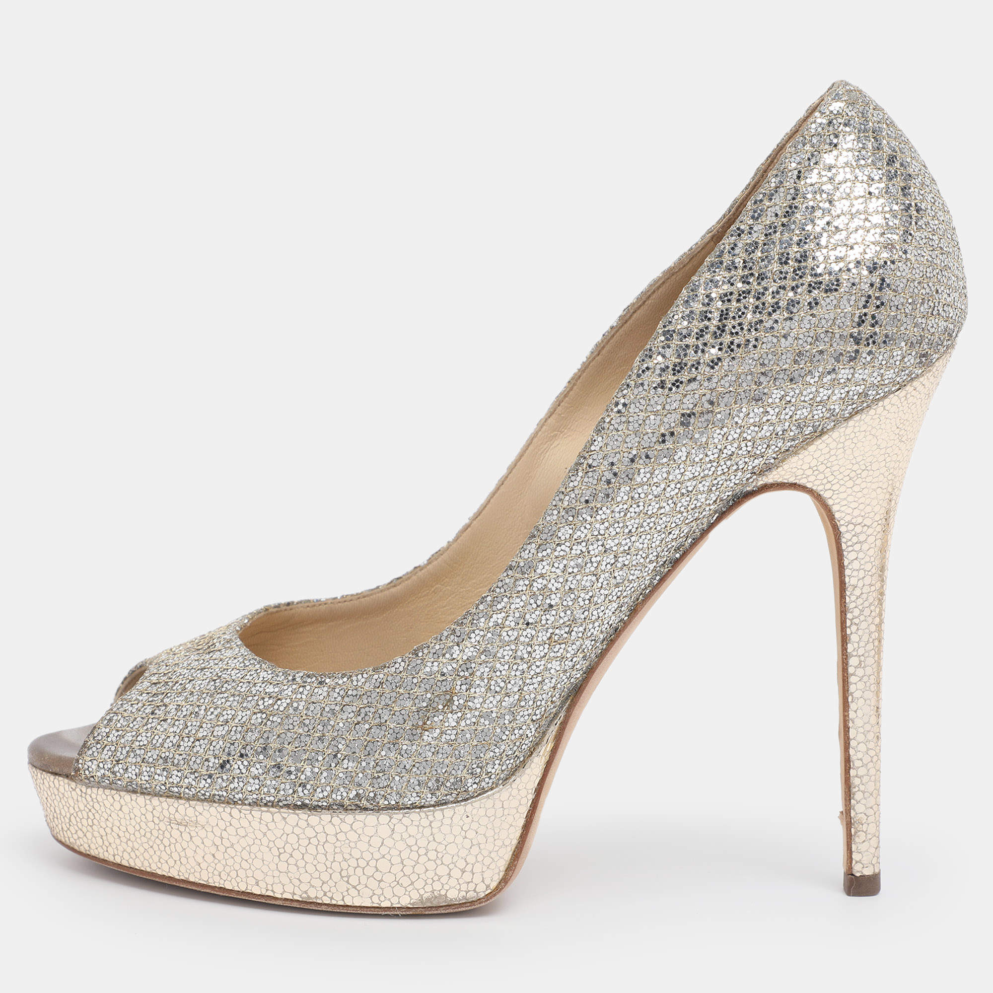 Pre Owned Jimmy Choo Metallic Silver/Gold Lamé Fabric And Glitter Dahlia Platform Pumps Size 40