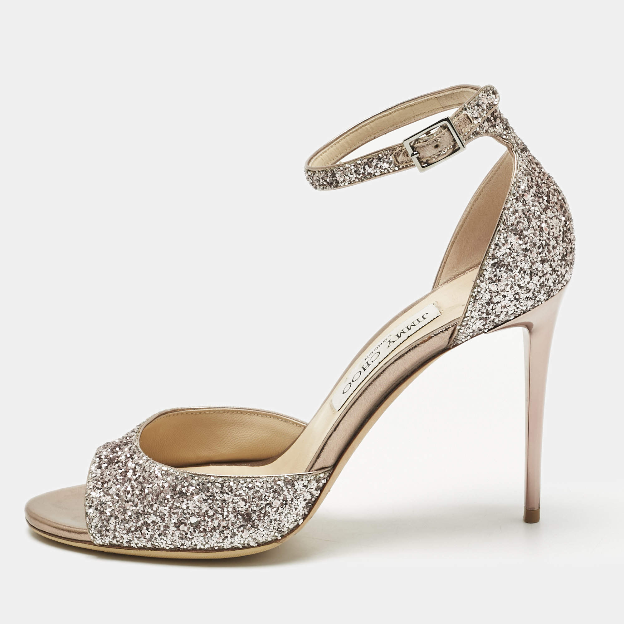 Pre Owned Jimmy Choo Metallic Coarse Glitter Annie Peep Toe Ankle Strap Sandals Size 39